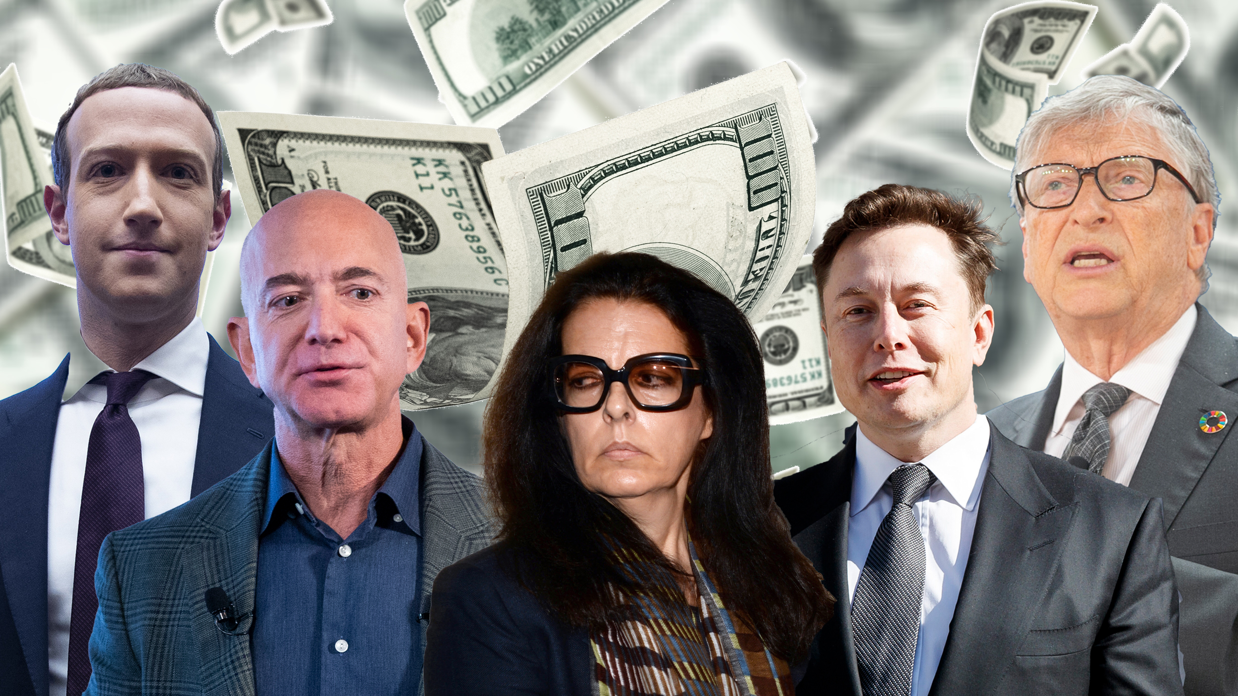 Ilon Mask Foto: EPA-EFE/JUSTIN LANE
Mark Zakerberg, Džef Bezos, Bil Gejts, Ilon Mask, Fransoa Betenkort Majers, a u pozadini da se sliva ako može gomila dolara.