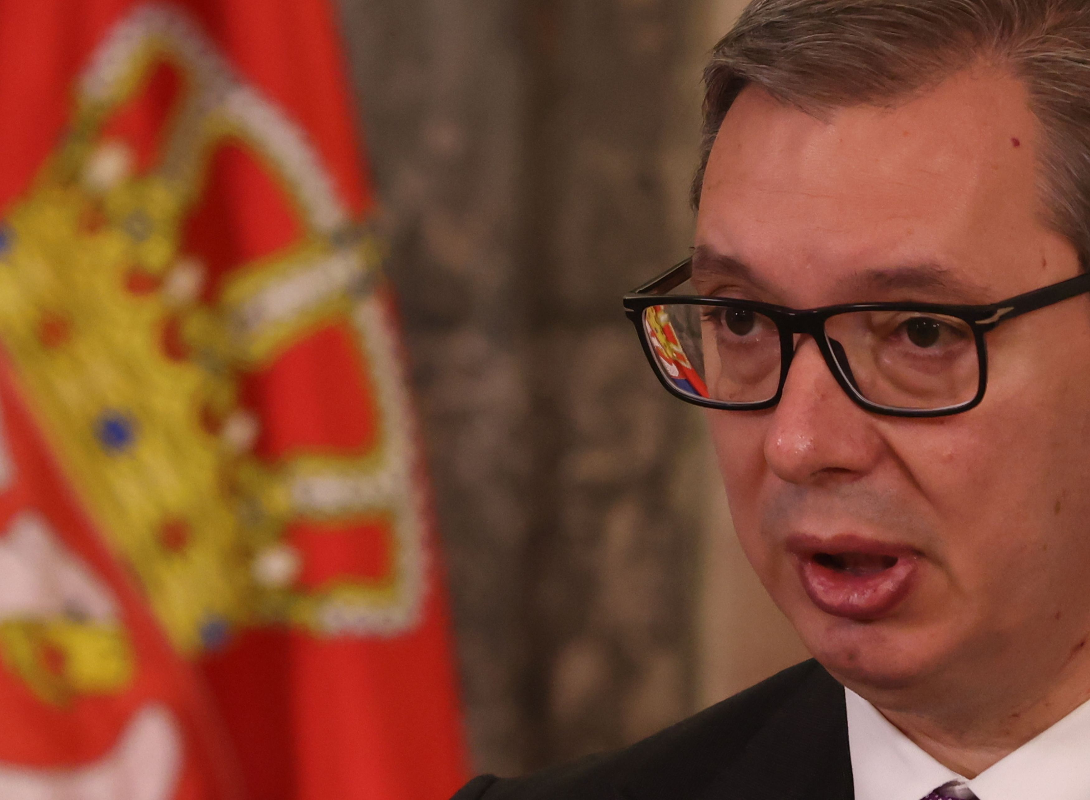 Serbian President Aleksandar Vucic holds a press conference
