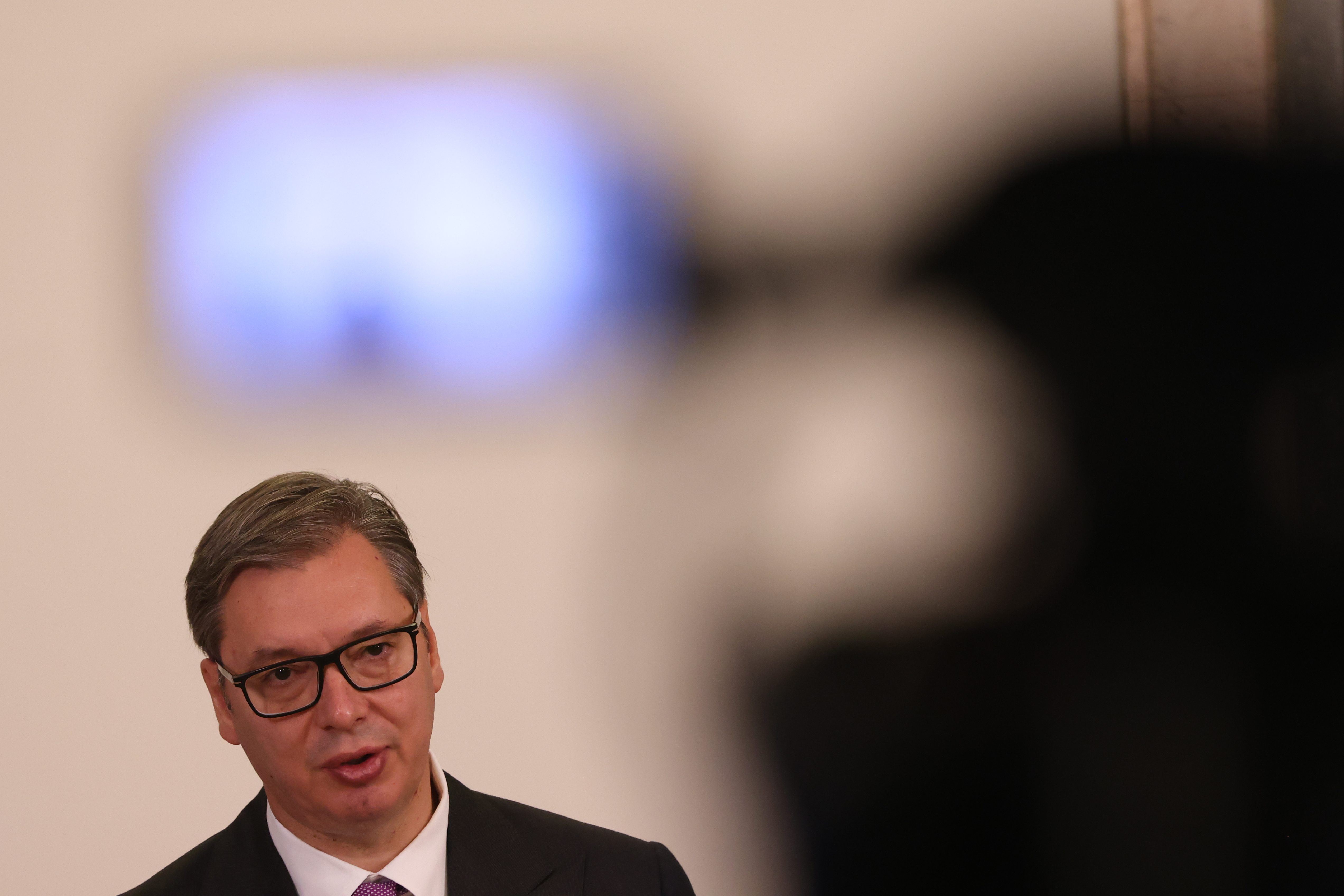 Serbian President Aleksandar Vucic holds a press conference