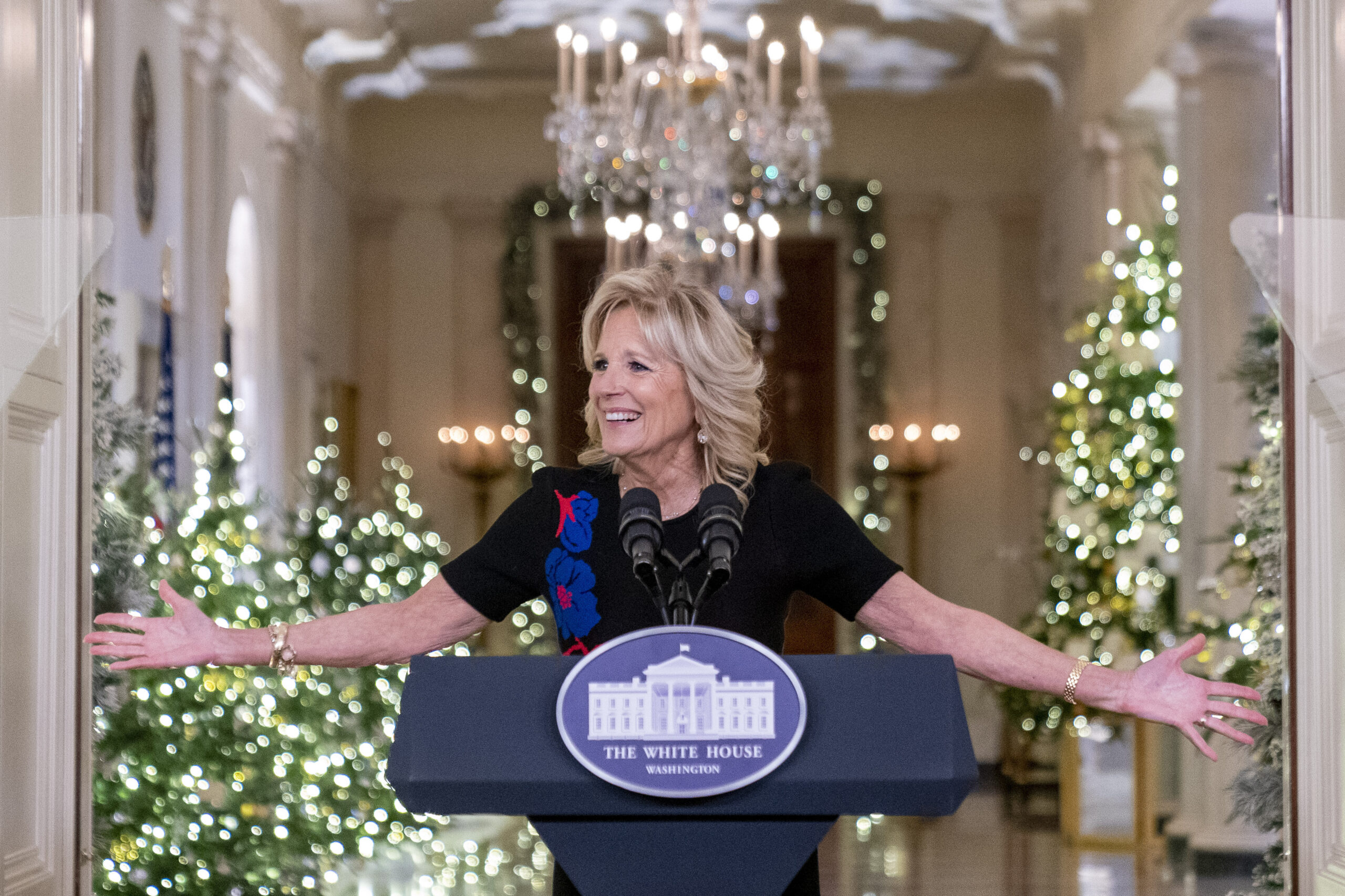 First lady Jill Biden speaks at an unveiling of this year's White House holiday theme and seasonal decor in the East Room at the White House in Washington, Monday, Nov. 28, 2022. (AP Photo/Andrew Harnik)