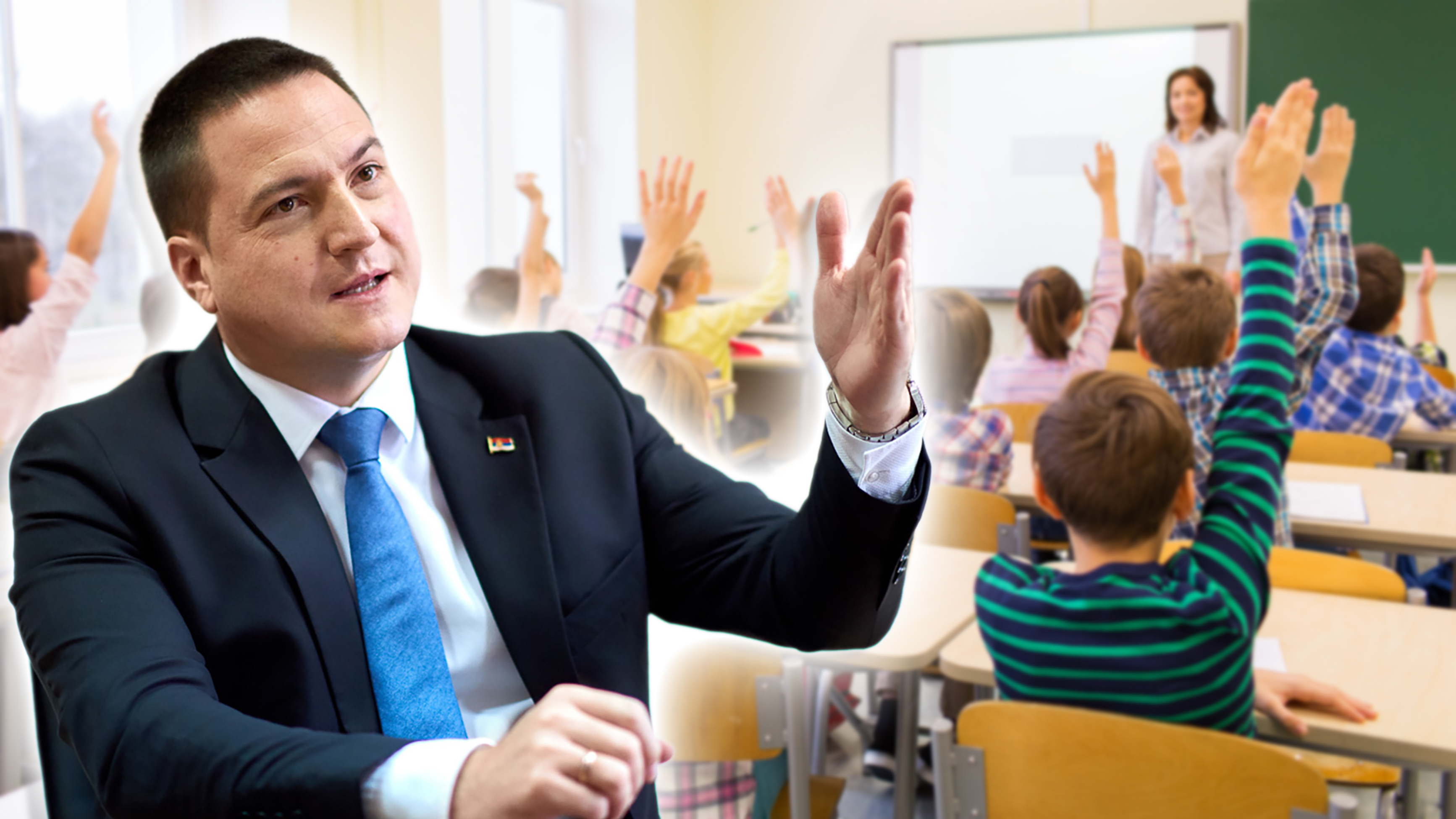 education, elementary school, learning and people concept - group of school kids with teacher sitting in classroom and raising hands branko ruzic