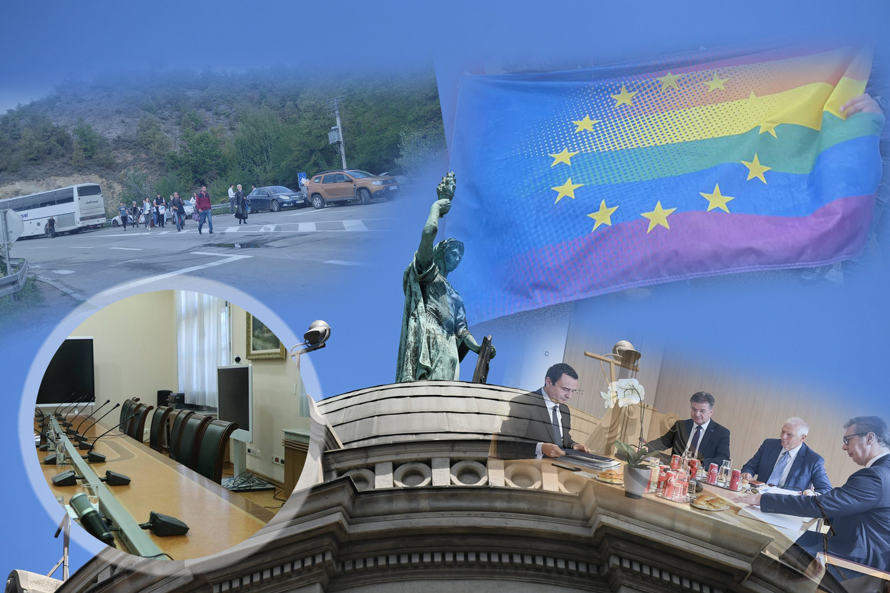 kombo nekih barikada na administrativnim prelazima, Vučića i Kurtija u Briselu, Evroprajda, Vučića sa sednice Skupštine o KiM i ako ima neka fotka praznog stola u Vladi Srbije