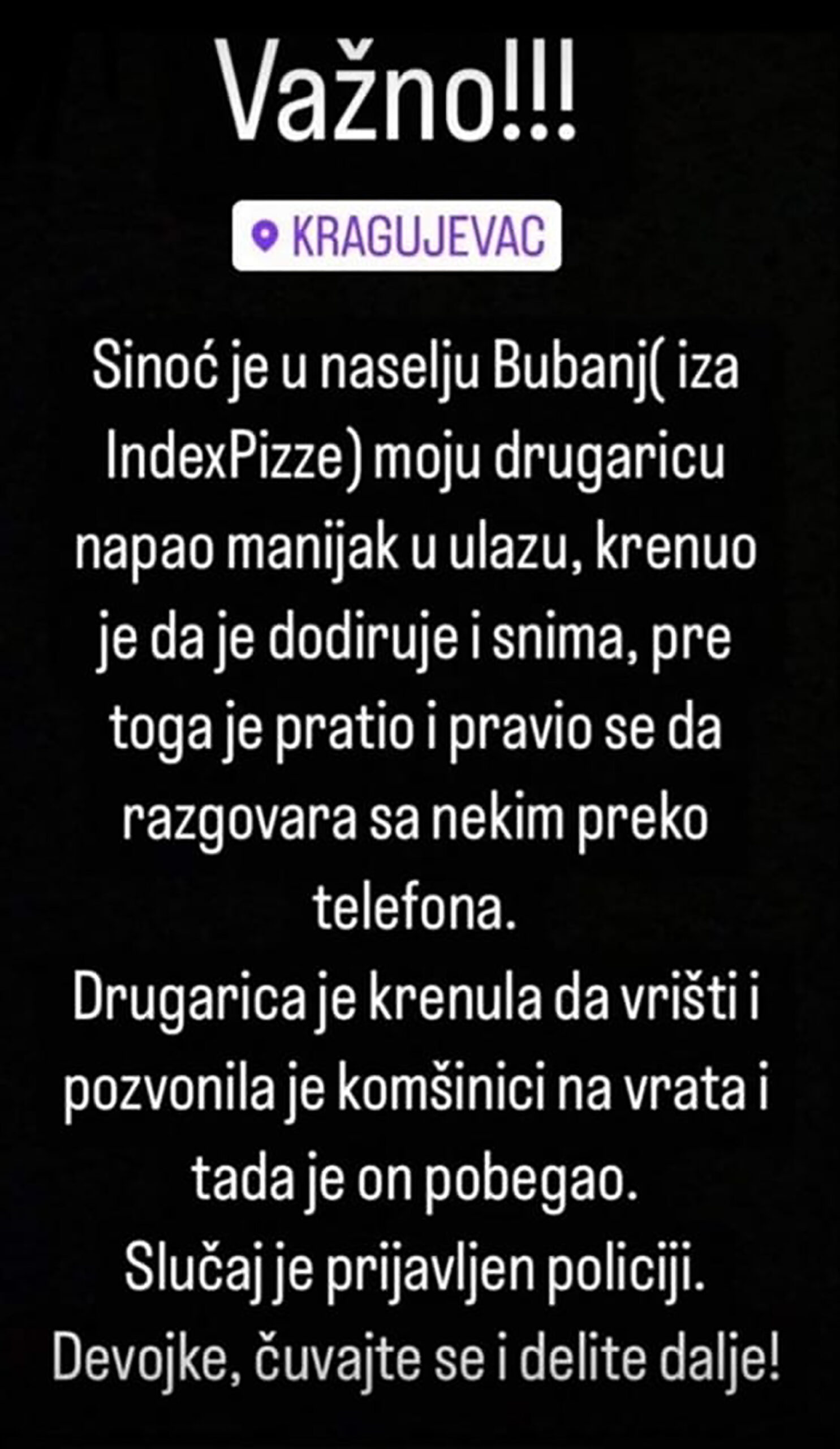 Kragujevac. seksualni manijak u KG, naselje Bubanj