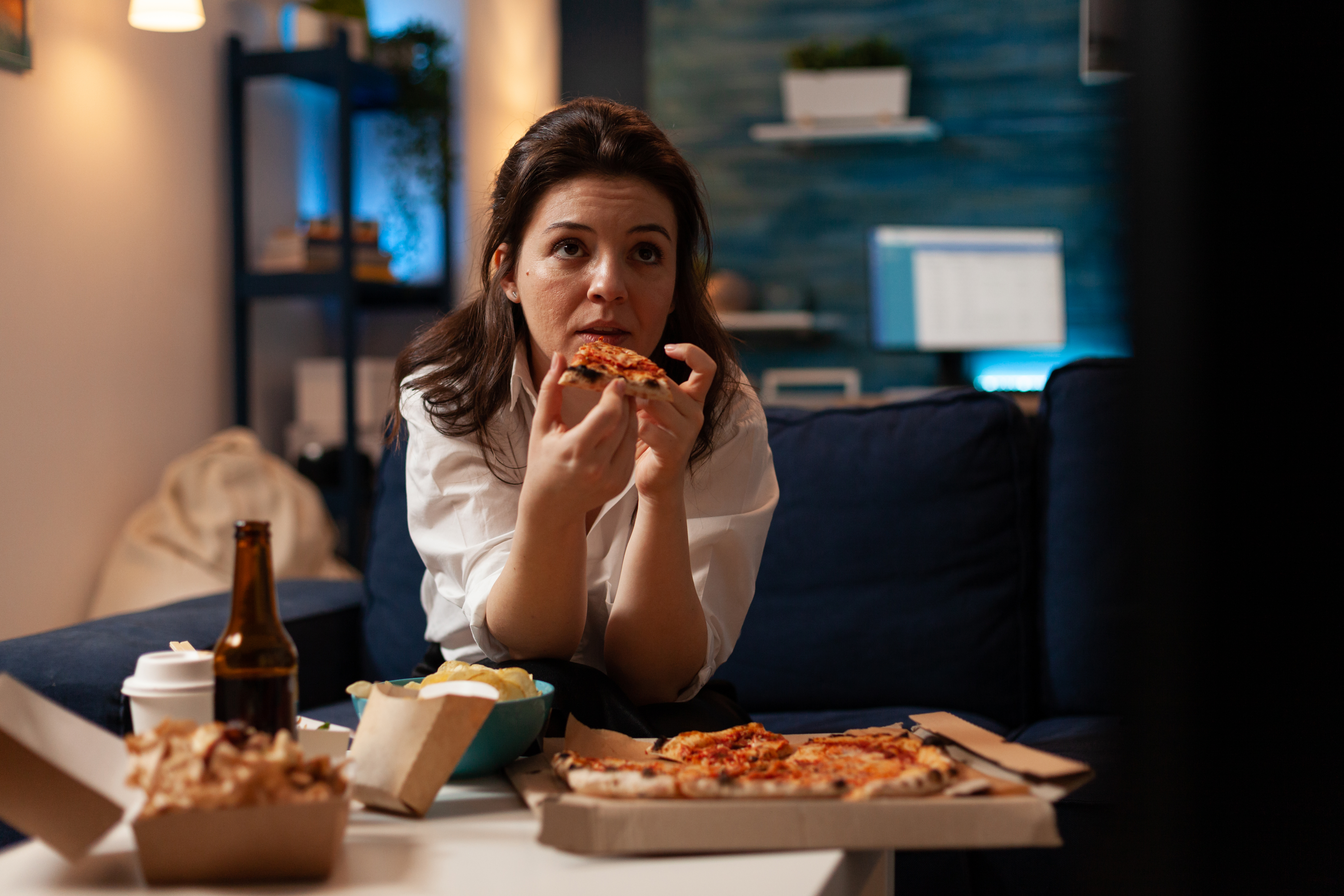 Caucasian,Female,Holding,Delicious,Pizza,Slice,Eating,Takeaway,Food,Delivery