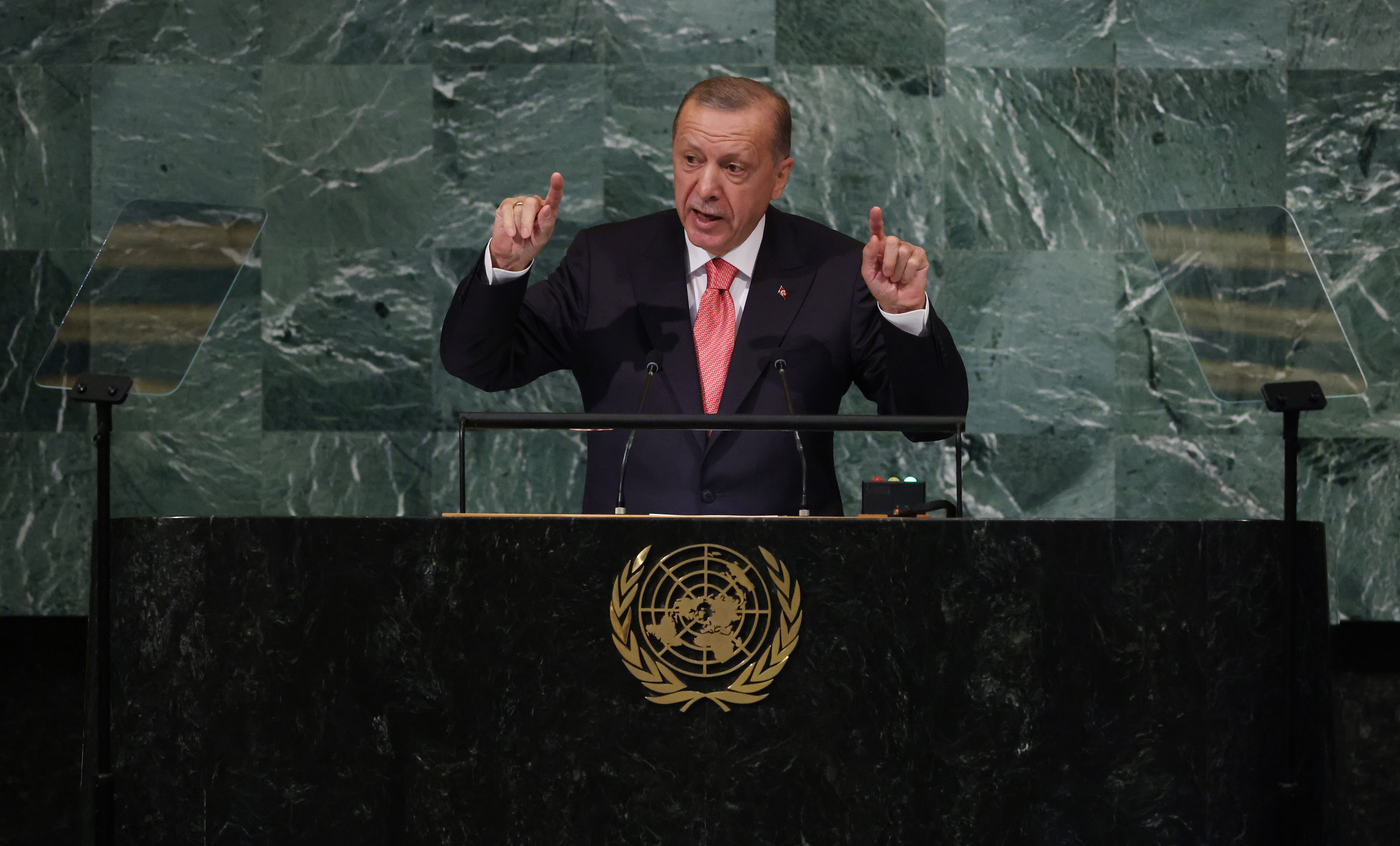 epa10195425 Turkish President Recep Tayyip Erdogan delivers his address during the 77th General Debate inside the General Assembly Hall at United Nations Headquarters in New York, New York, USA, 20 September 2022.  EPA-EFE/JUSTIN LANE