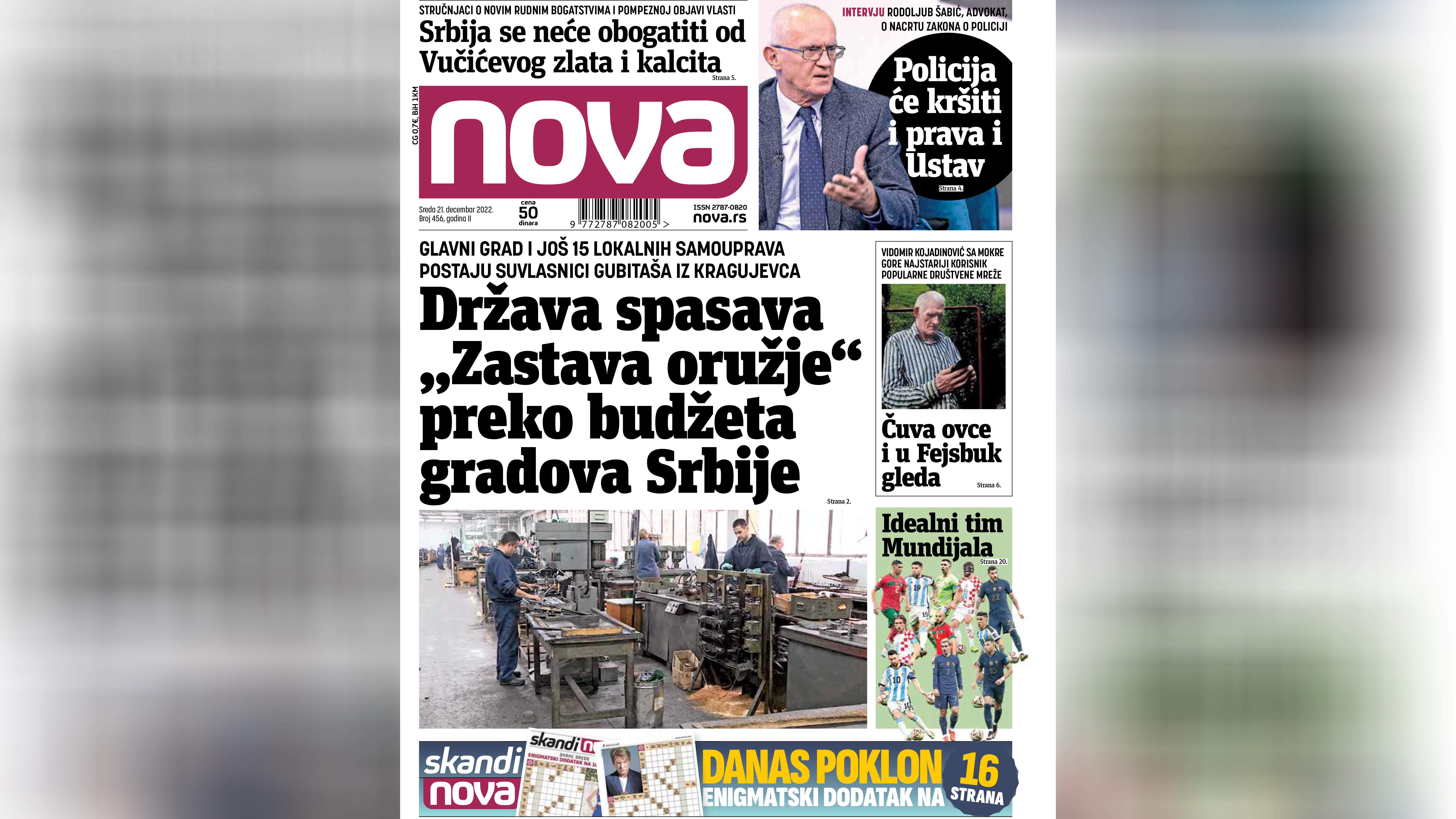 Nova, naslovna za sredu 21. decembar 2022. broj 456, dnevne novine Nova, dnevni list Nova Foto: Nova.rs