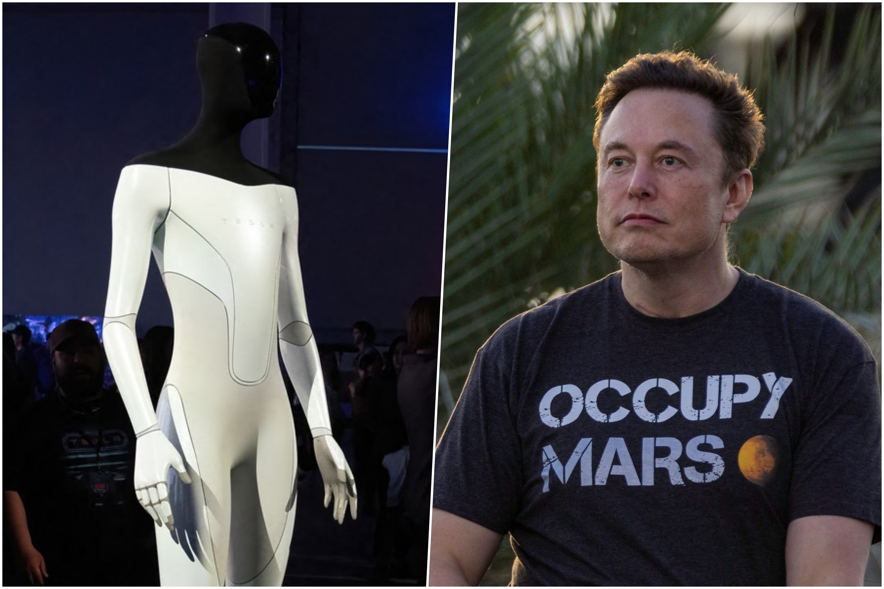 Ilon Mask, robot, Optiumus, Tesla bot, kombo Foto: SUZANNE CORDEIRO / AFP / Michael Gonzalez / Getty images / Profimedia