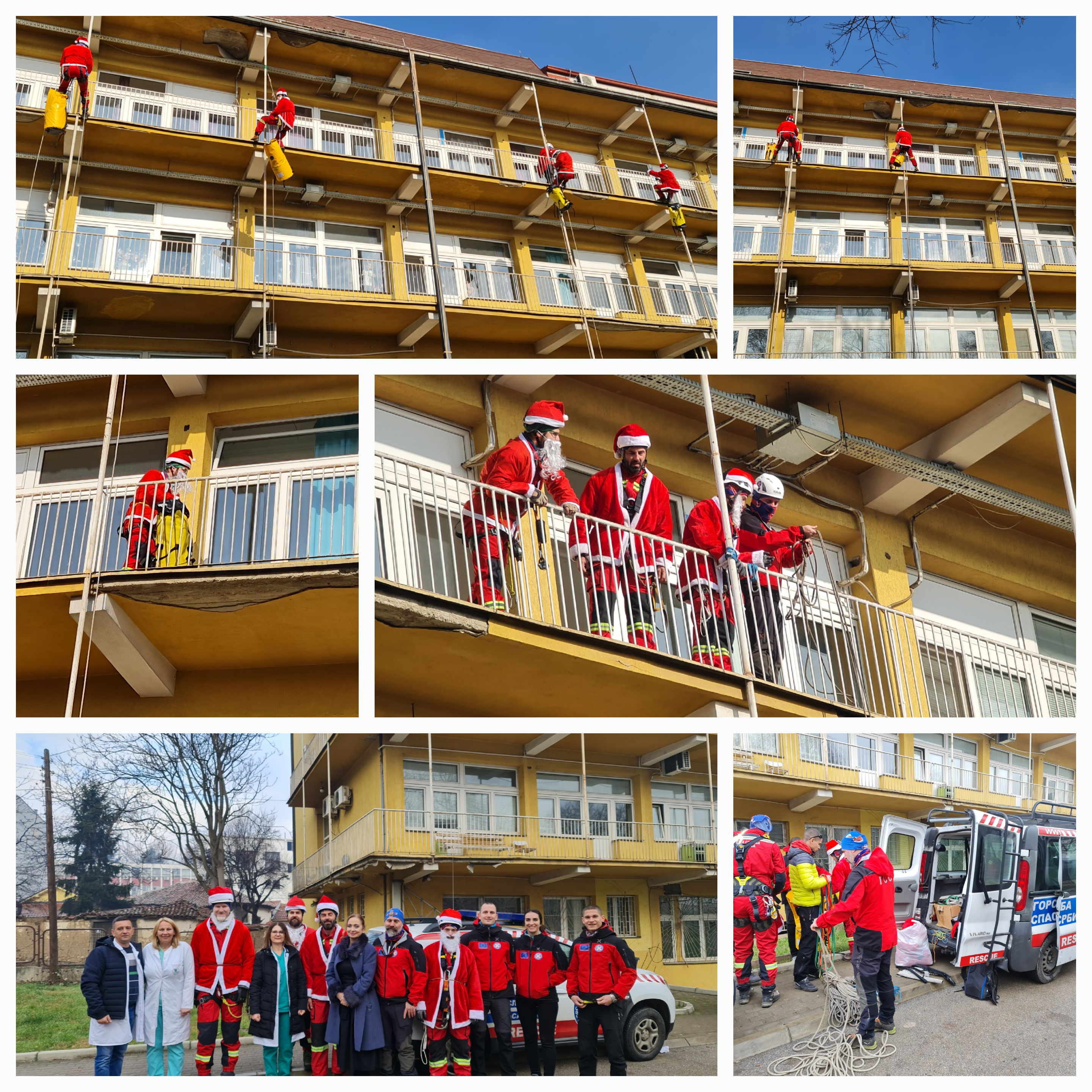 Pripadnici Gorske službe spasavanja jutros su obučeni u odela Deda Mraza, "upali kroz prozor" mališanima koji se leče na Dečjem odeljenju bolnice Zdravstvenog centra u Vranju i podelili im novogodišnje paketiće