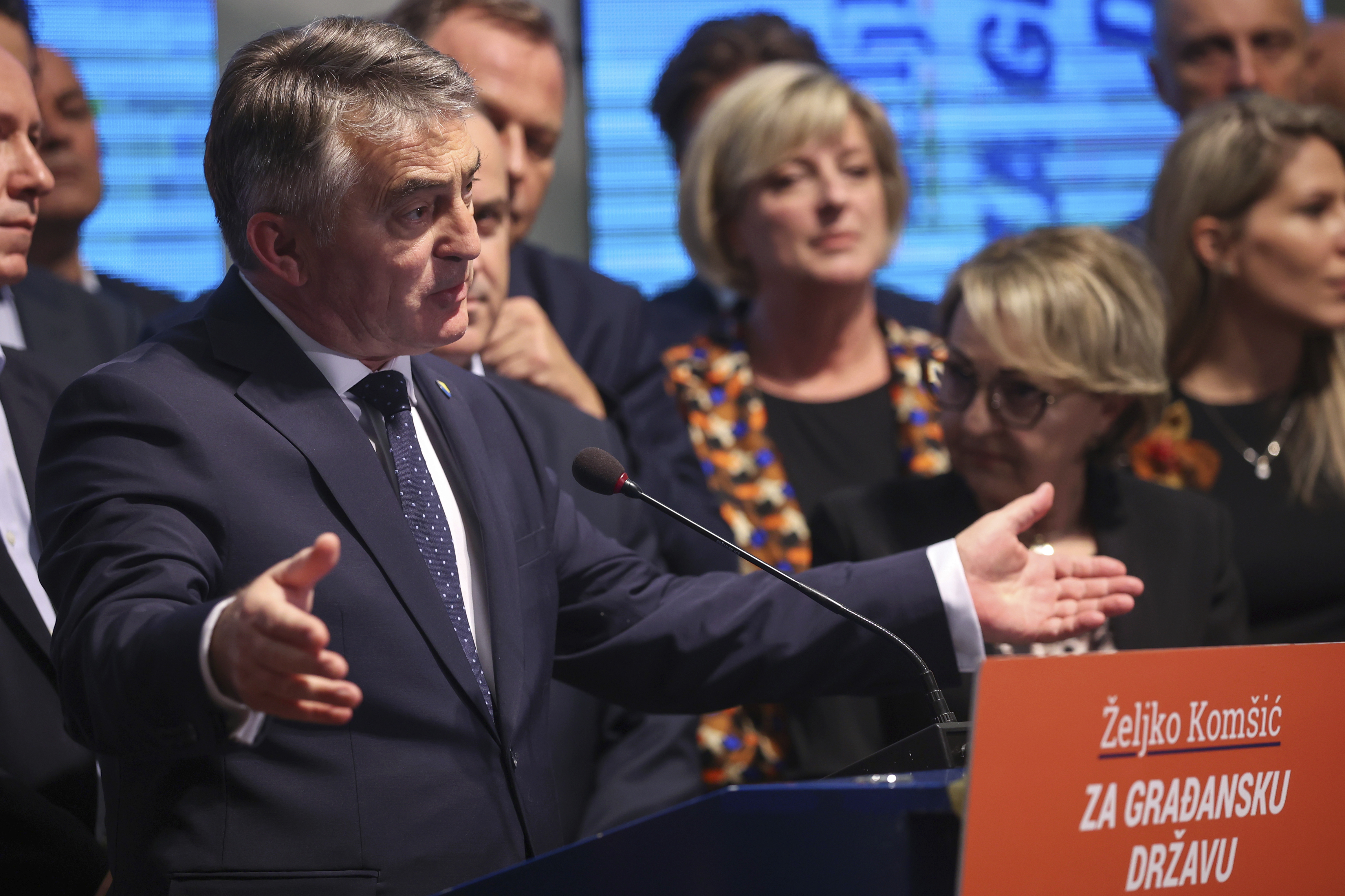 Zeljko Komsic of Democratic Front Party (DF) speaks at a news conference where he declared himself the winner of the Croat seat of the Tri-partite Bosnian Presidency in Sarajevo, Bosnia, Sunday, Oct. 2, 2022. (AP Photo/Armin Durgut)