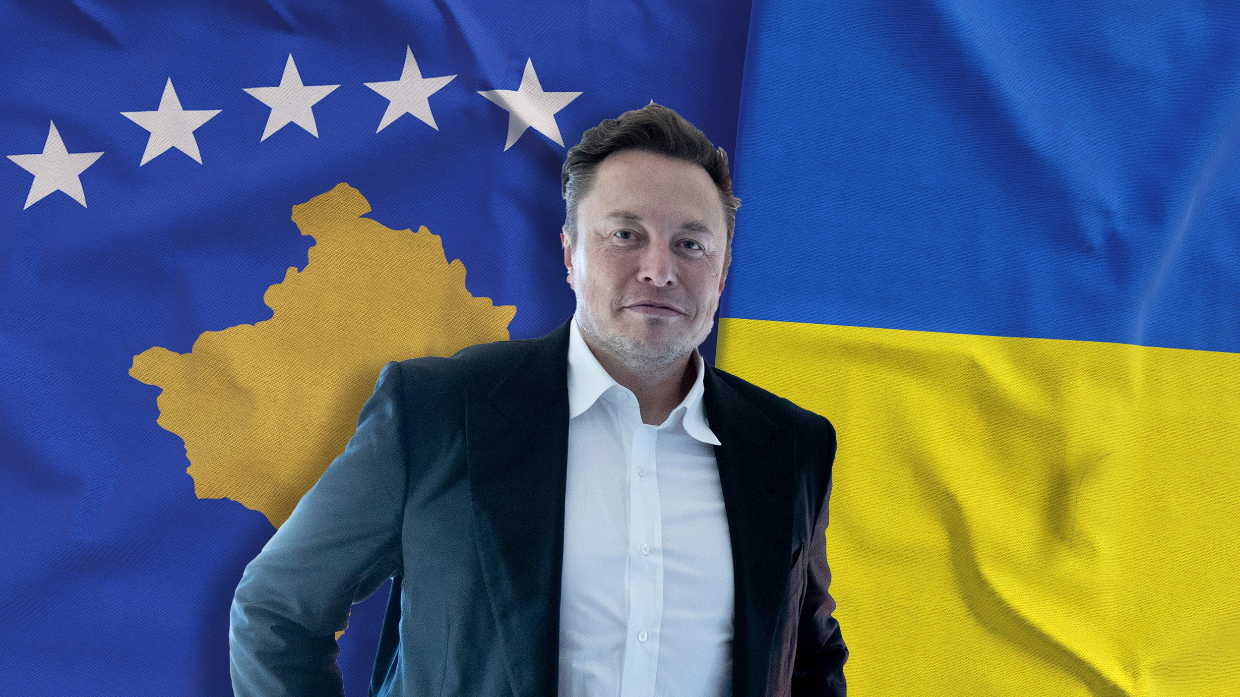 Flags of Kosovo and Ukraine. Linen flags close-up. Flag made of canvas. Balkans, Pristina. Ukrainian. State national symbols. 3d illustration.