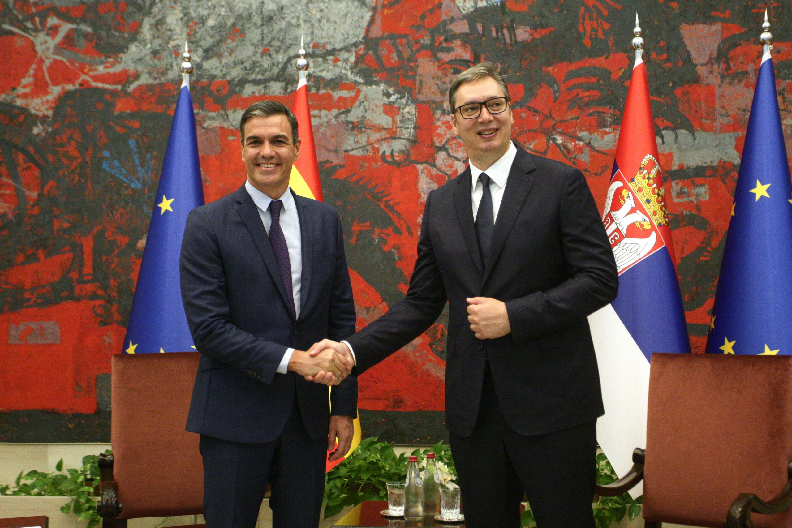 Beograd, 29. jula 2022 - Premijer Spanije Pedro Sancez doputovao je danas u dvodnevnu zvanicnu posetu Srbiji. Sanceza ce ugostiti predsednik Srbije Aleksandar Vucic. Ceremonija svecanog doceka u Palati Srbija. FOTO TANJUG/SAVA RADOVANOVIC/ bs