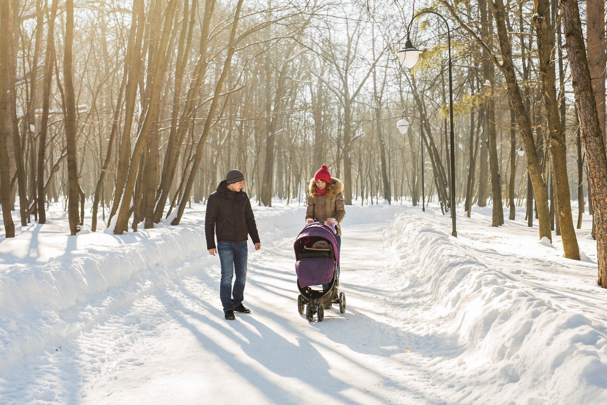 Happy young family walking in the park in winter. The parents carry the baby in a stroller through the snow,Image: 314437429, License: Royalty-free, Restrictions: , Model Release: yes, Credit line: Tatiana Chekryzhova / Alamy / Alamy / Profimedia