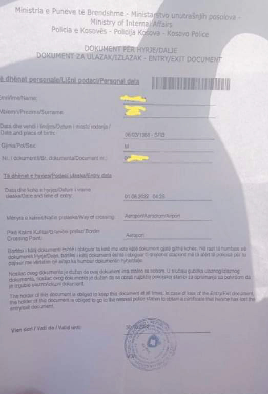 Dokument za ulazak izlazak Kosovo