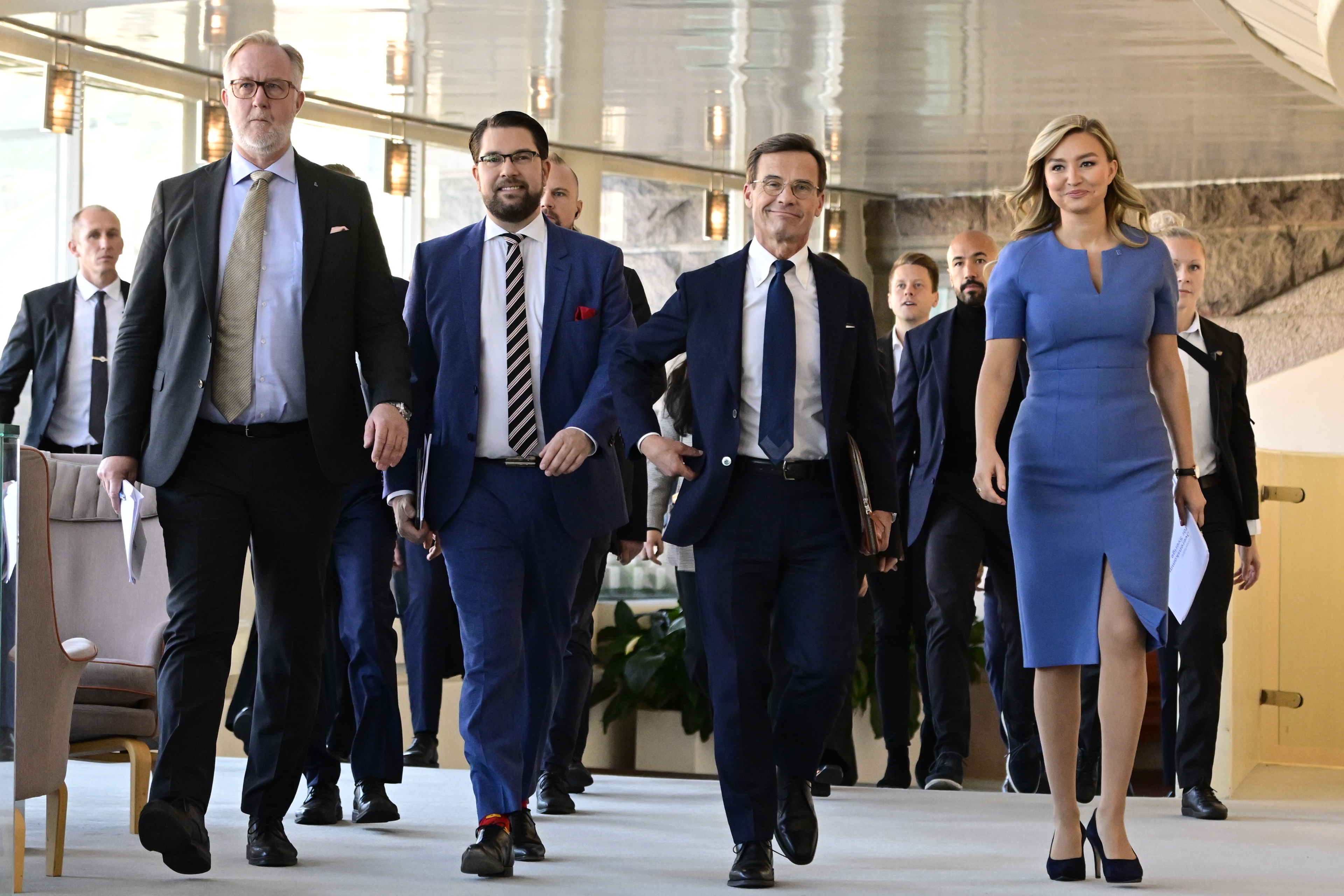 Party leaders address media about formation of new Swedish government