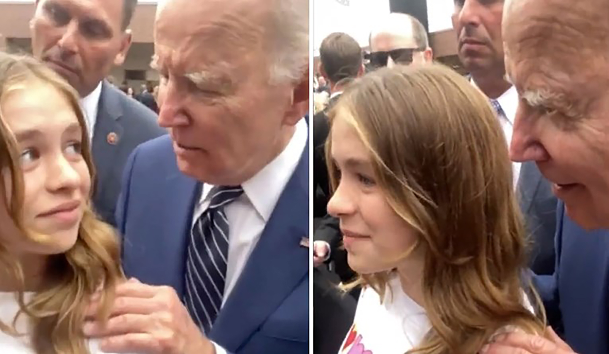 President Joe Biden grabs a young girl by the shoulder and tells her “no serious guys till your 30” as she looks back appearing uncomfortable, secret service appears to try to stop me from filming it after Biden spoke @ Irvine Valley Community College