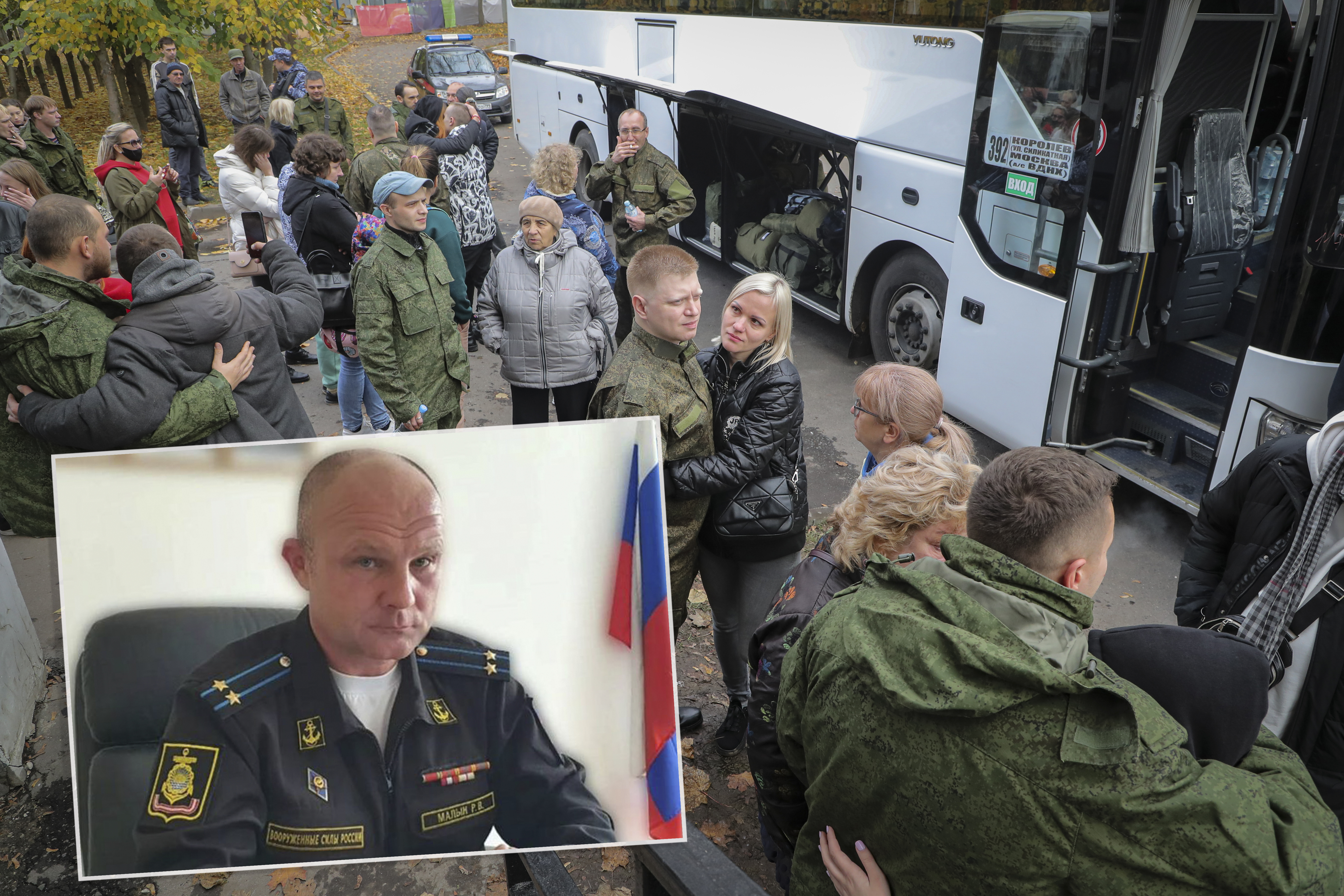 Russian conscripted men at a Moscow recruiting office during Russia's partial military mobilization