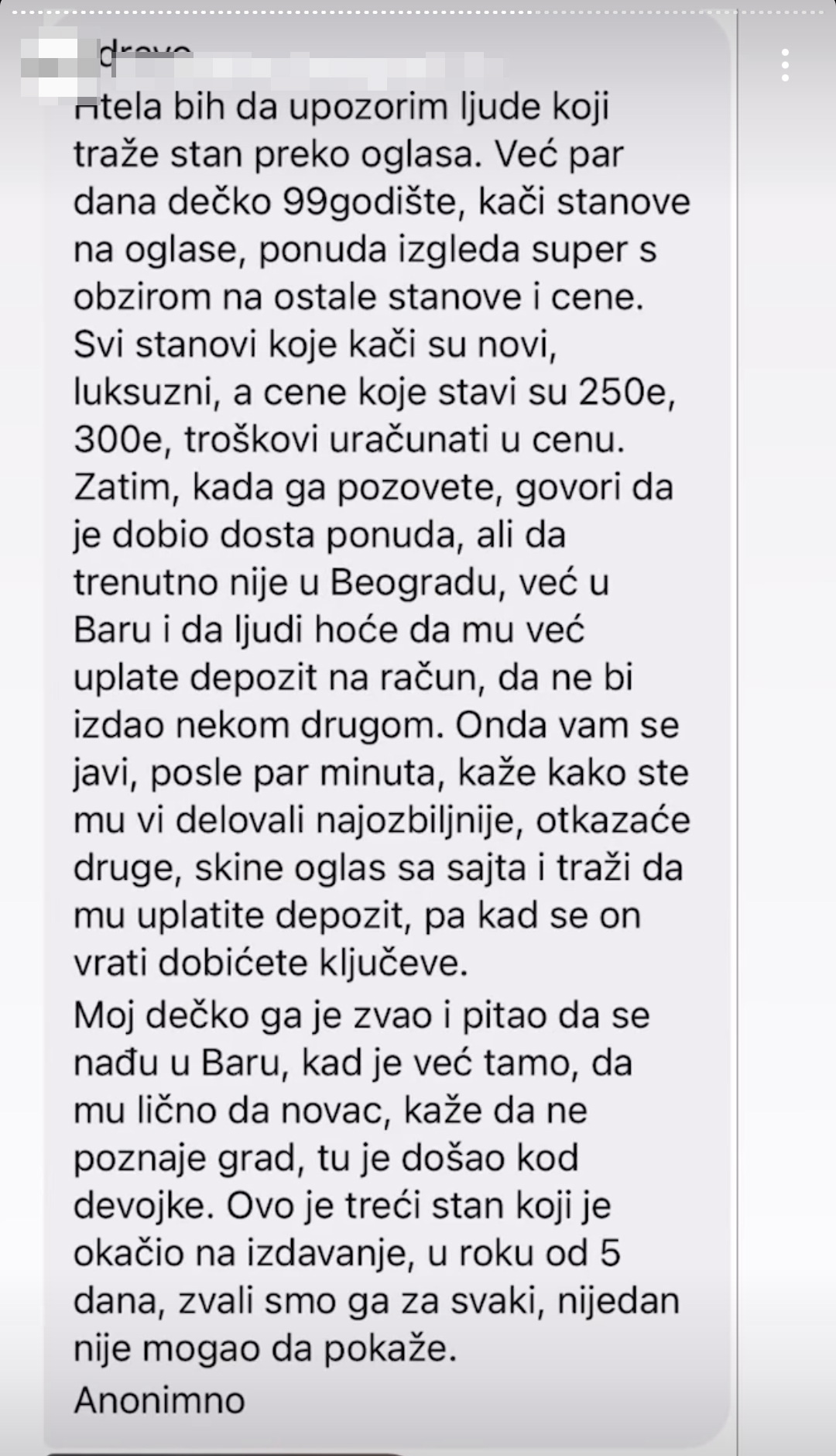 Izdavanje stana, Prevara, Poruka, Instagram