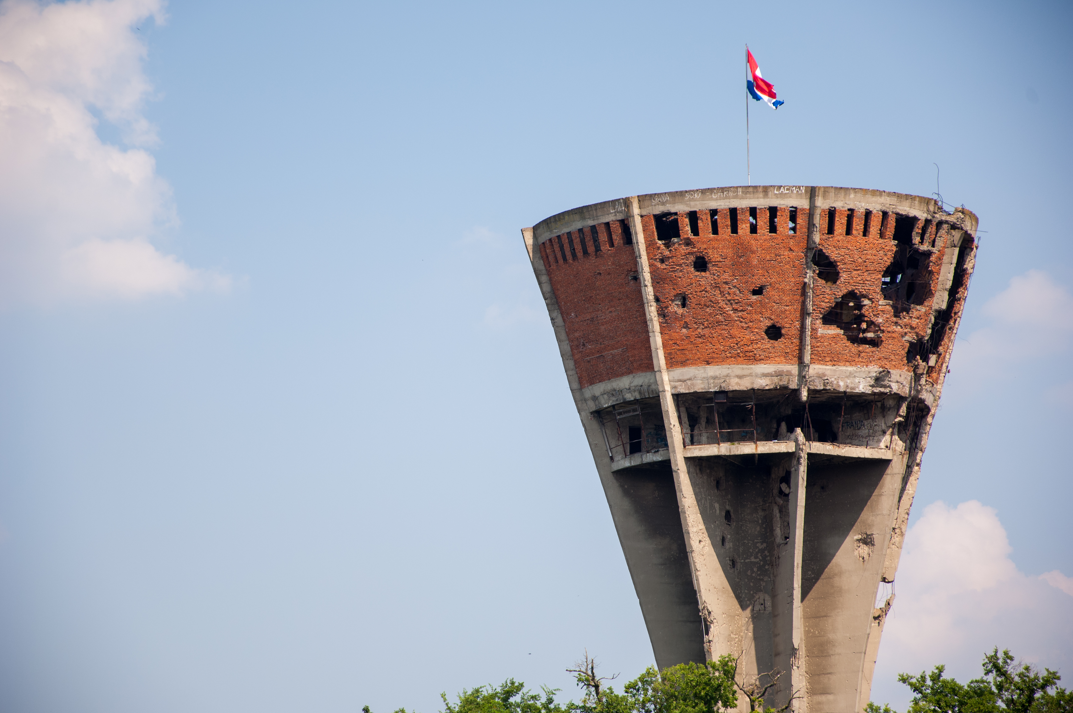 VUKOVAR, CROATIA - July 7, 2014: Damaged water tower in Vukovar, Croatia.
Vukovarski toranj