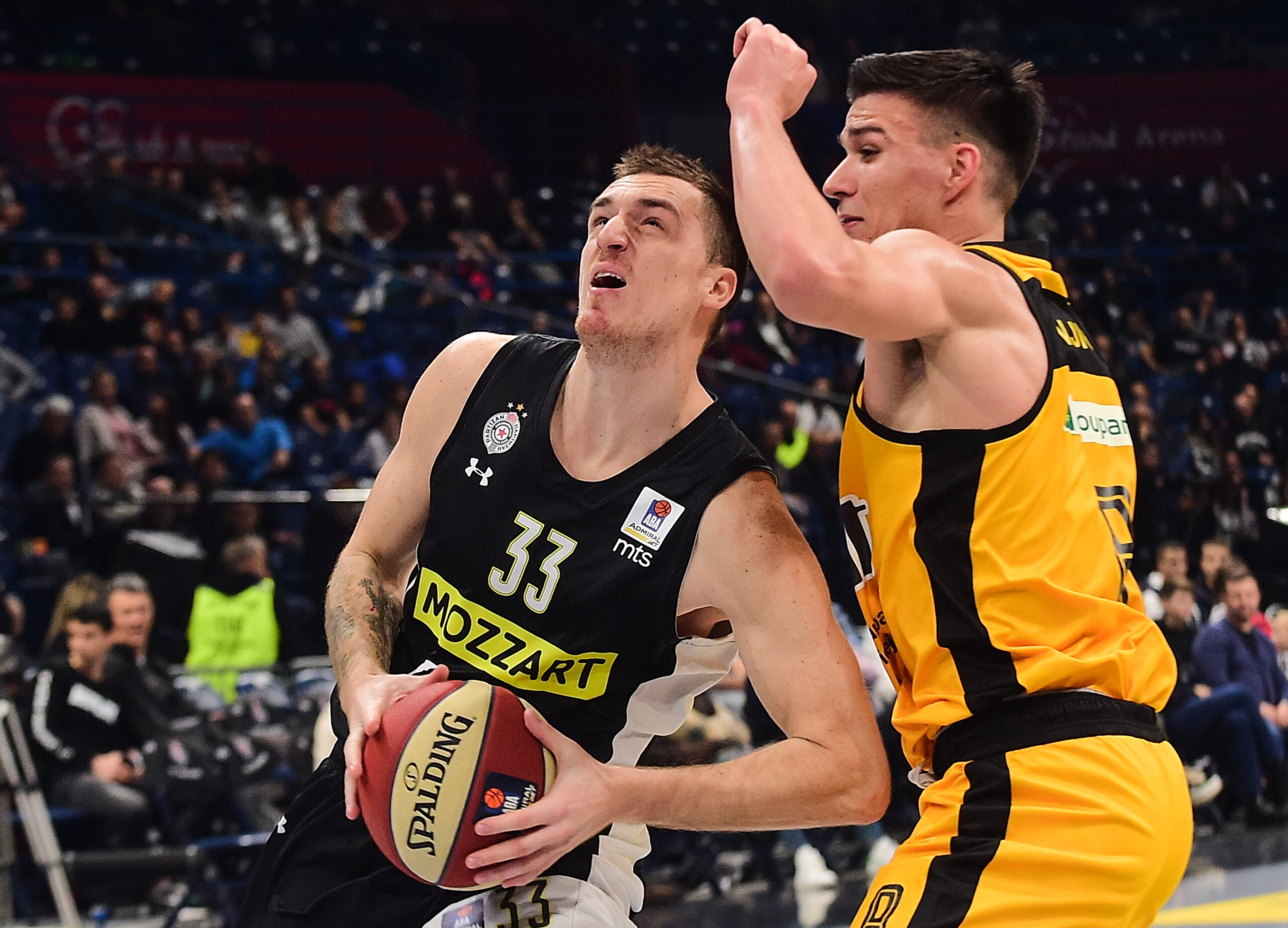 Danilo Andjusic (L) and Lovre Runjic during the Aba League Season 2022-2023 match between Partizan Mozzart Bet and KK Split at Stark Arena on November 20, 2022 in Belgrade, Serbia. (Photo by Starsport.rs ©)