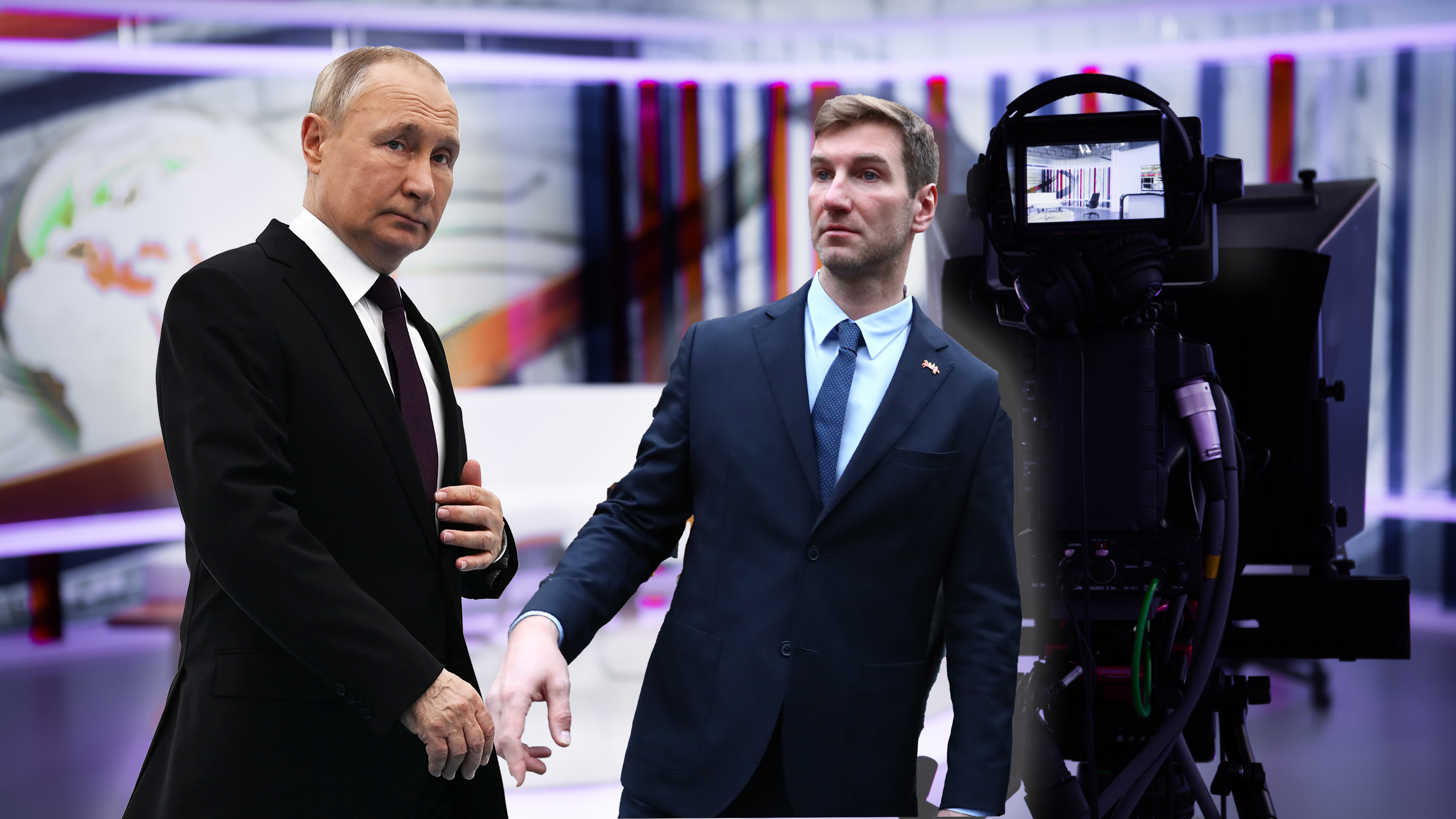 TV morning program studio with camera and lights. Video camera lens - show in TV studio. Television studio with interior and and positioned camera .
žAnton Krasovsky,  i Putina
kombi