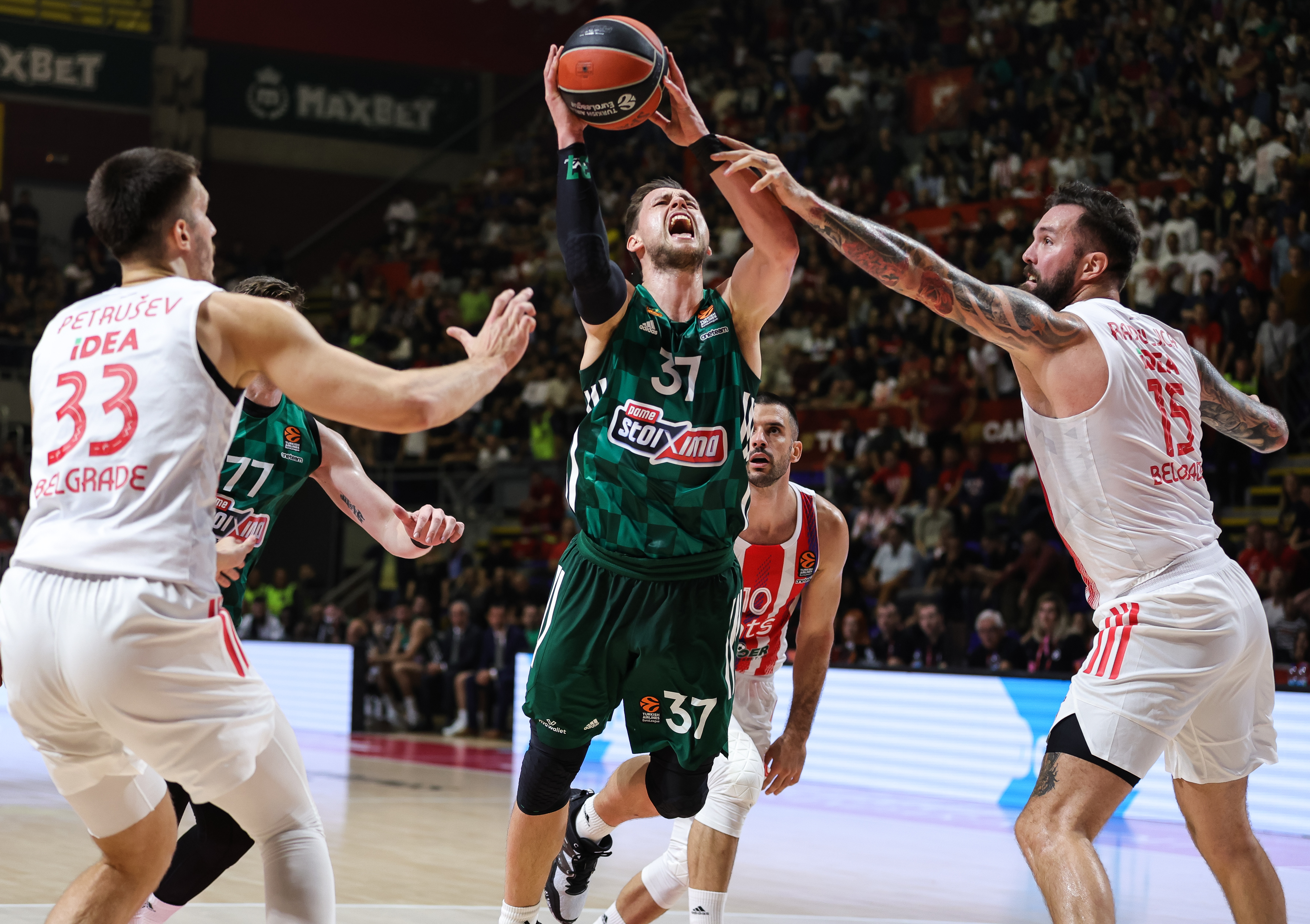 Mateusz Ponitka (C) Filip Petrusev (L) and Miroslav Raduljica (R) during the Euroleague match between Crvena Zvezda and Panathinaikos at Hall Aleksandar Nikolic on October 13, 2022 in Belgrade, Serbia. (Photo by Srdjan Stevanovic/Starsport.rs ©)