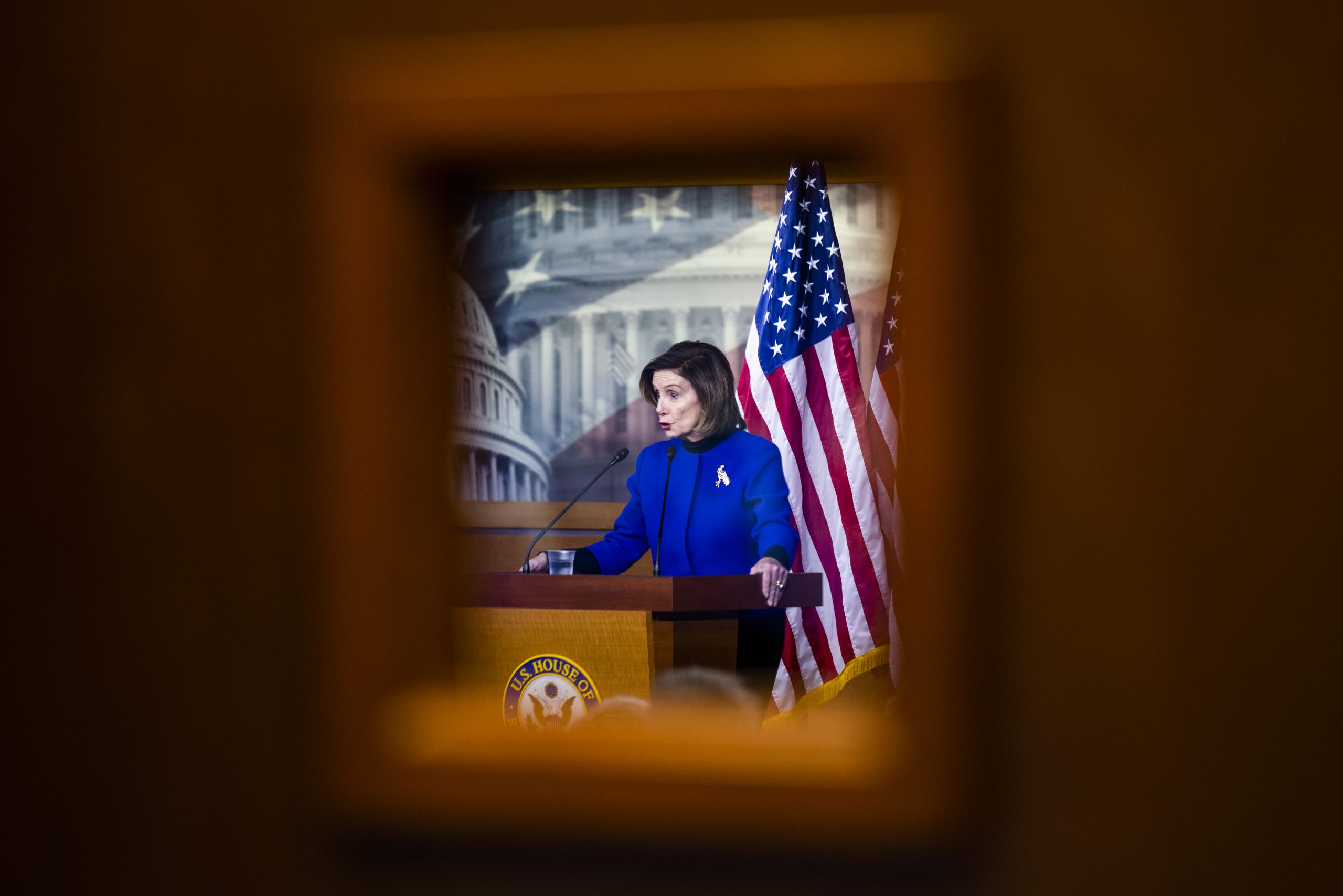 epa09616998 Speaker of the House Nancy Pelosi speaks to the media about negotiations on the continuing resolution to fund the government in the US Capitol in Washington, DC, USA, 02 December 2021.  EPA-EFE/JIM LO SCALZO