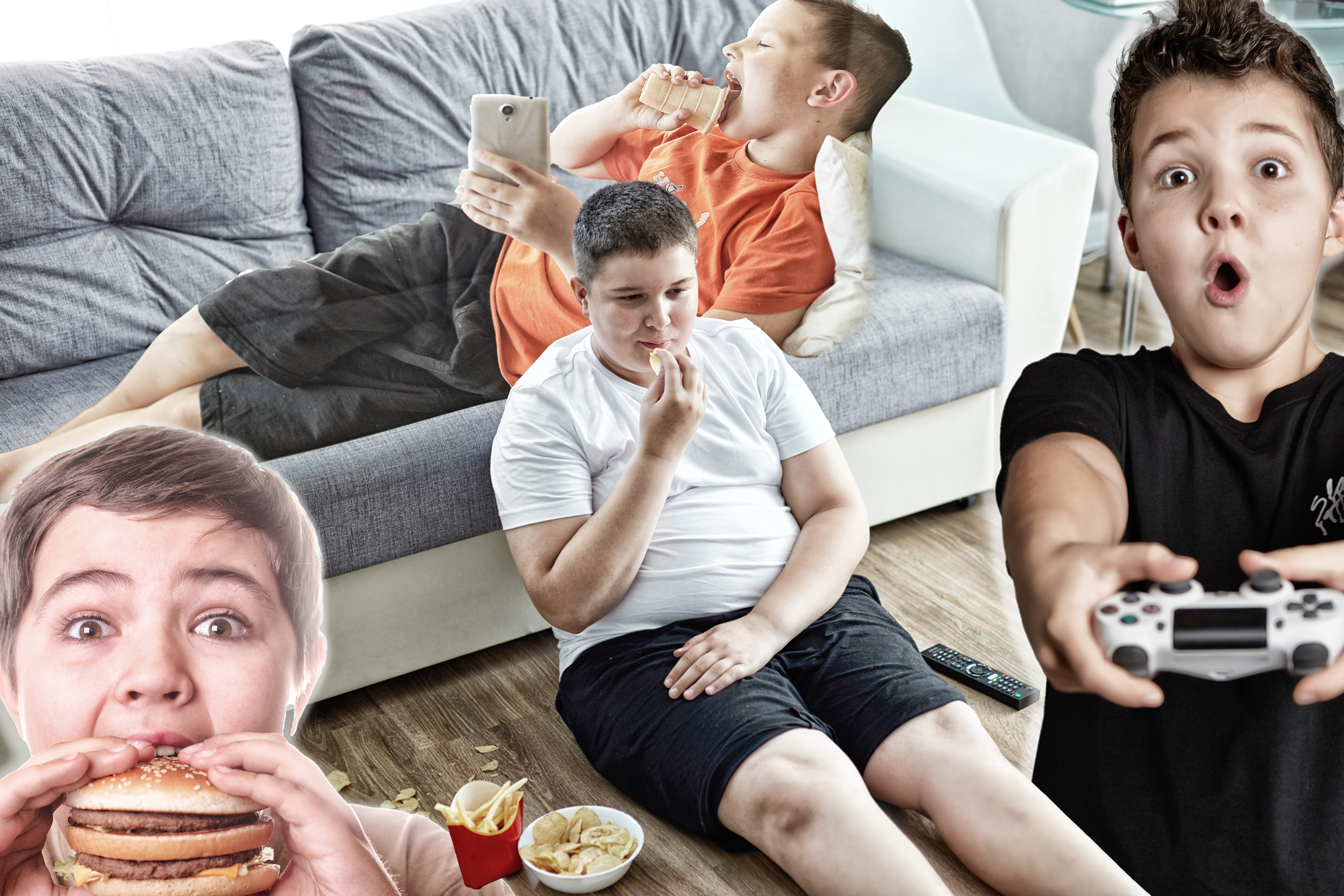 Deca Srbije imaće po 200 kilograma zbog nezdrave ishrane i sedenja pred kompjuterom i telefonom an overweight child boy enjoy leading unhealthy passive lifestyle, sits on the floor watching tv and eating, he moves a little that is why he is fat