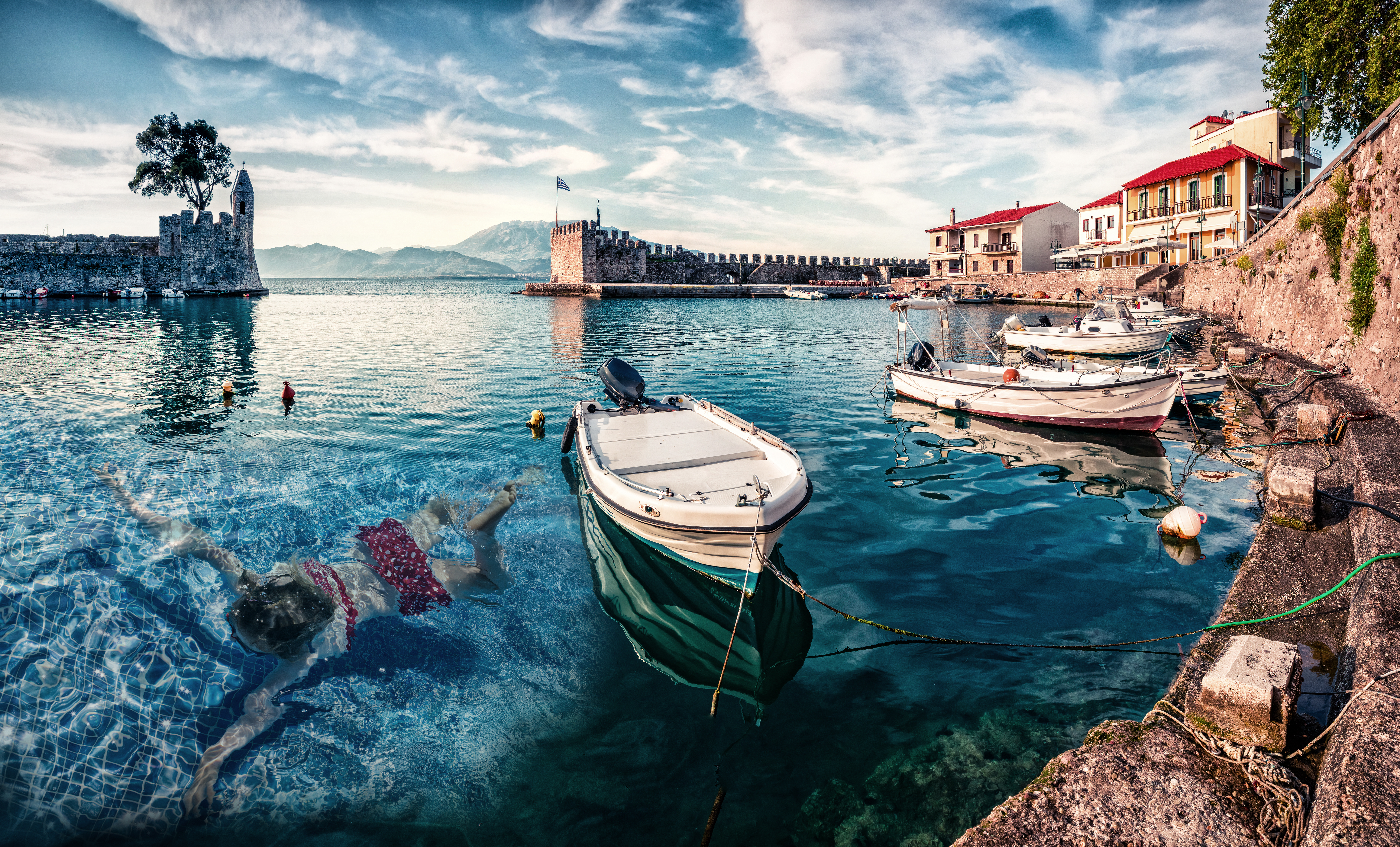 Colorful spring view of the Nafpaktos port. Fantastic morning scene of the Gulf of Corinth, Greece, Europe. Beauty of countryside concept background. Beauty of countryside concept background.