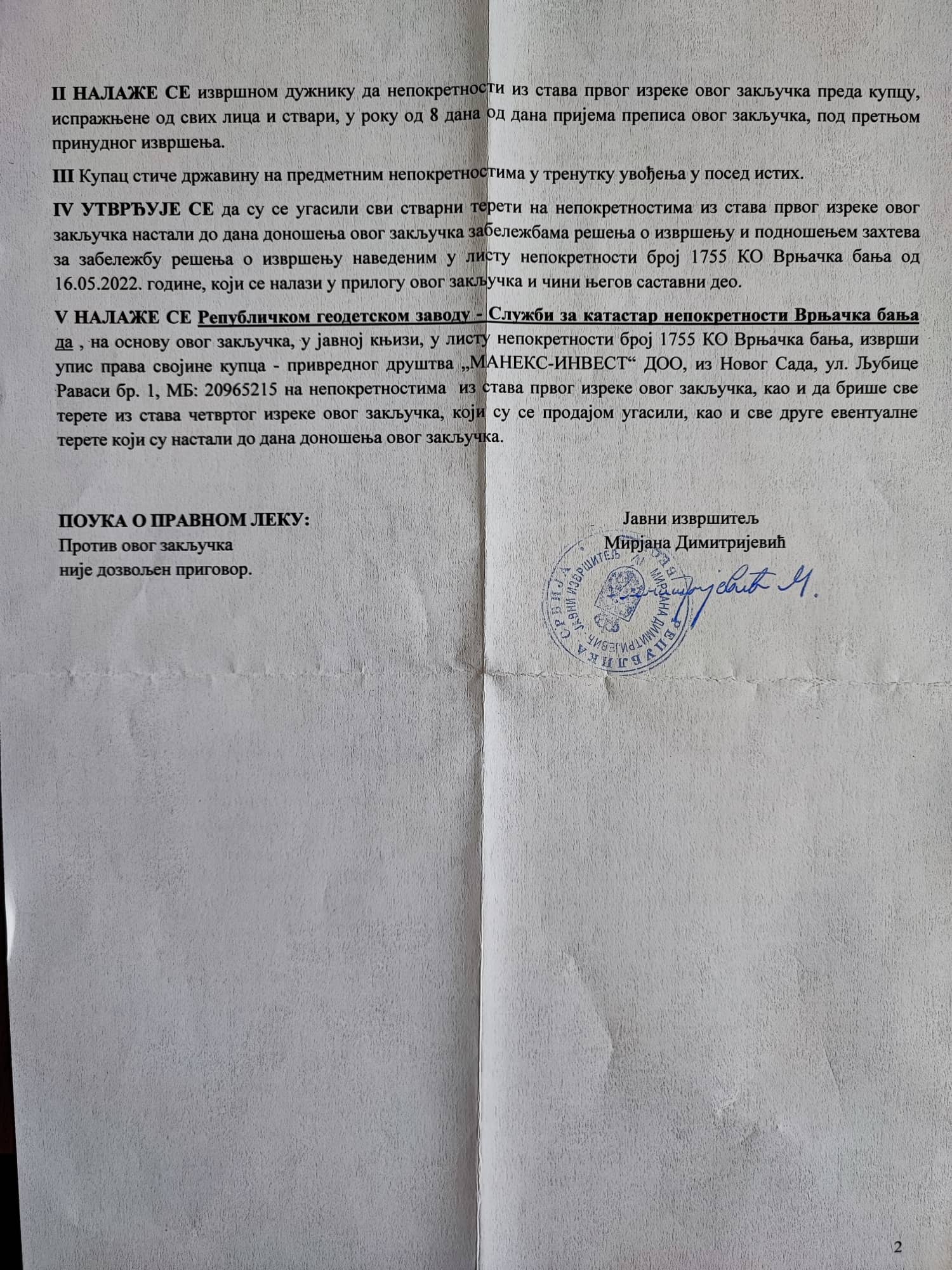 Zaključak izvršitelja za prodaju imovine Železnice Srbije