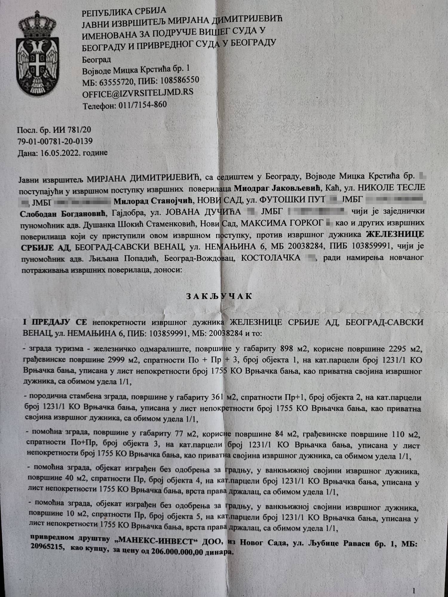 Zaključak izvršitelja za prodaju imovine Železnice Srbije