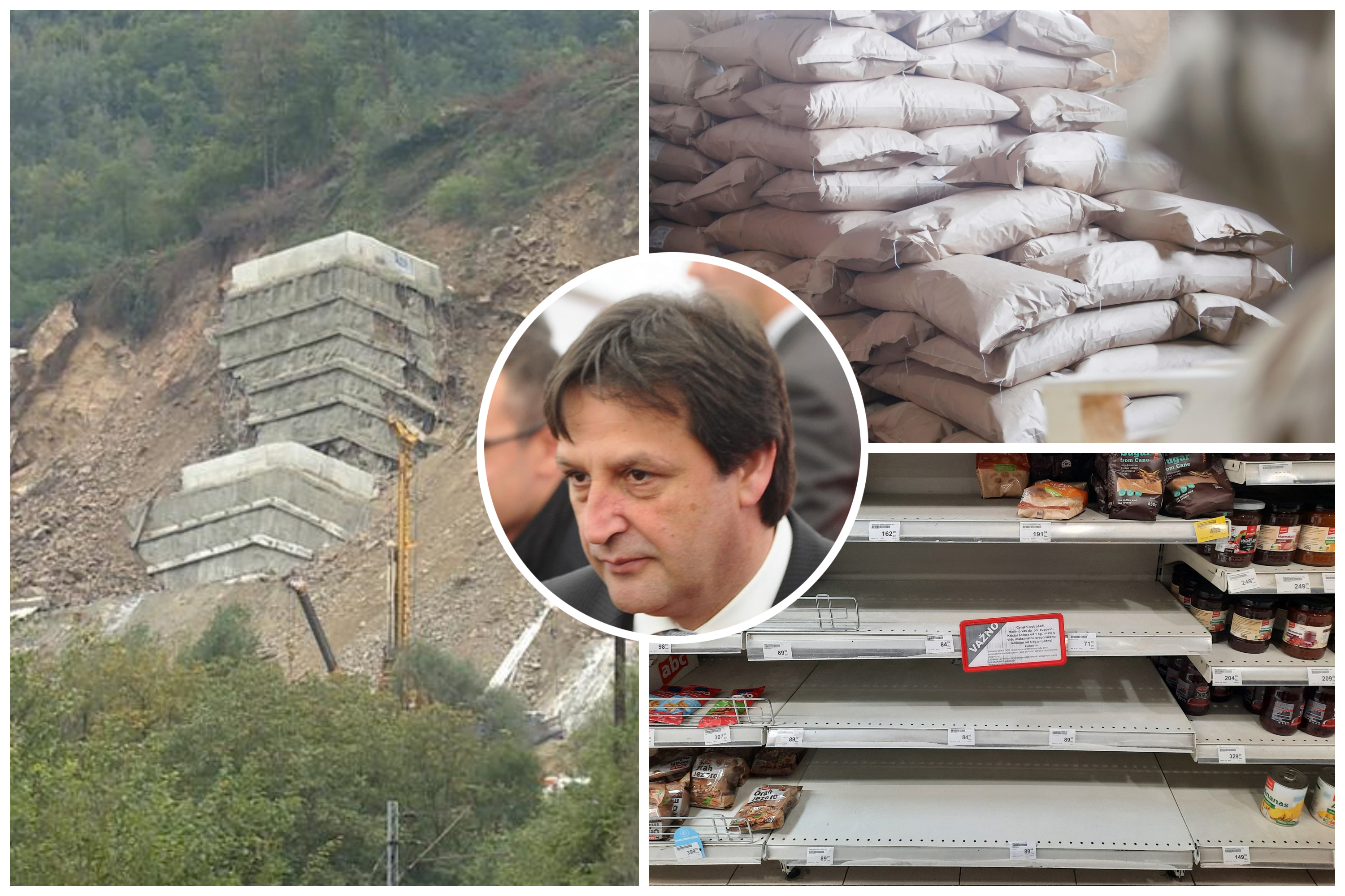 Može kombo fotke BIA i Bratislava Gašića, praznih rafova sa šećerom, rušenja brda u Grdeličkoj klisuri i neko brašno, kukuruz (treba da ilustruje robne rezerve)