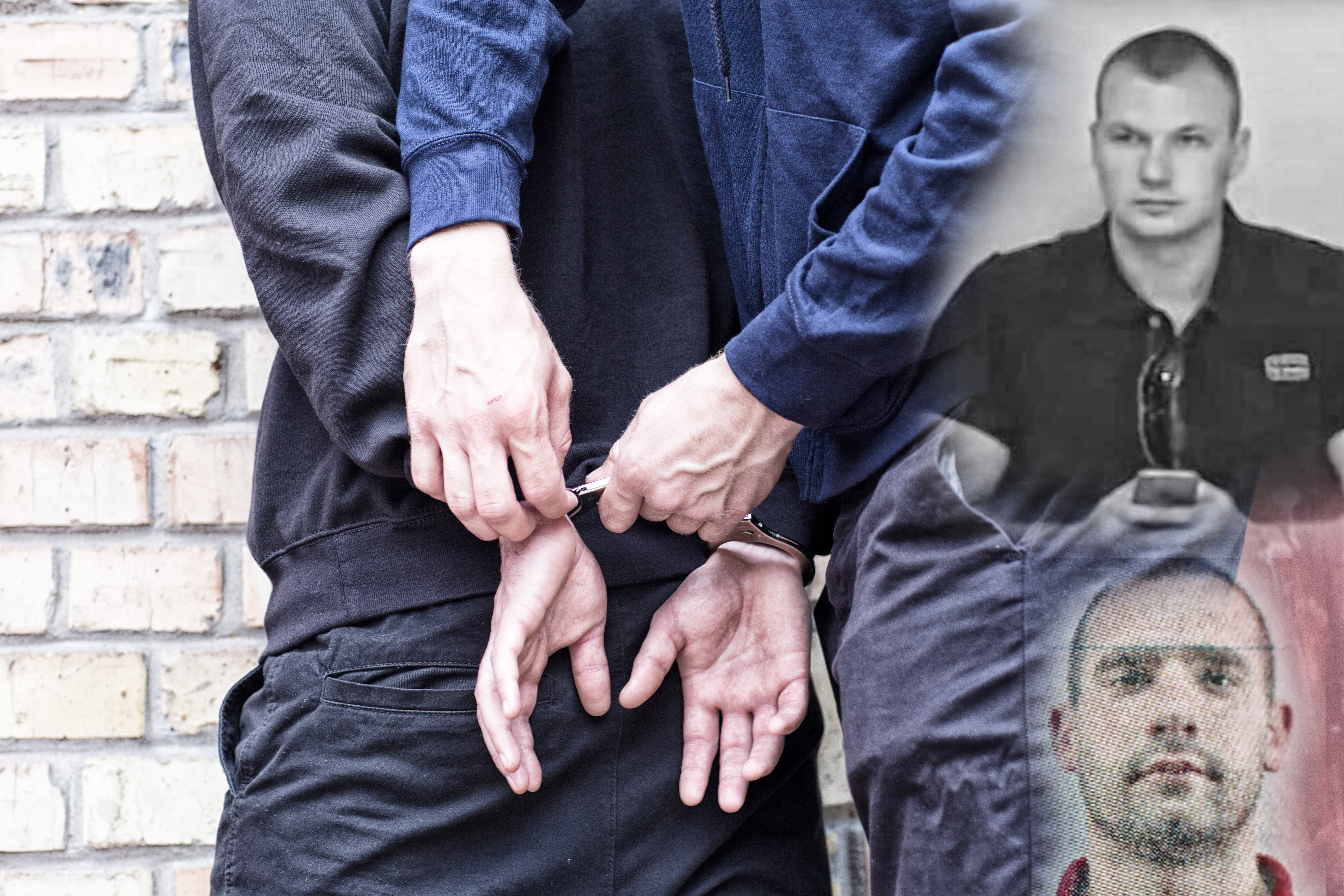 Hapsenje Sale Mutavi Vušović Close up hands policeman arrest man handcuffed criminal handcuffs justice policeman black broadcast robbery burglar drugs guilt illegal job journalist male prisoner slow motion