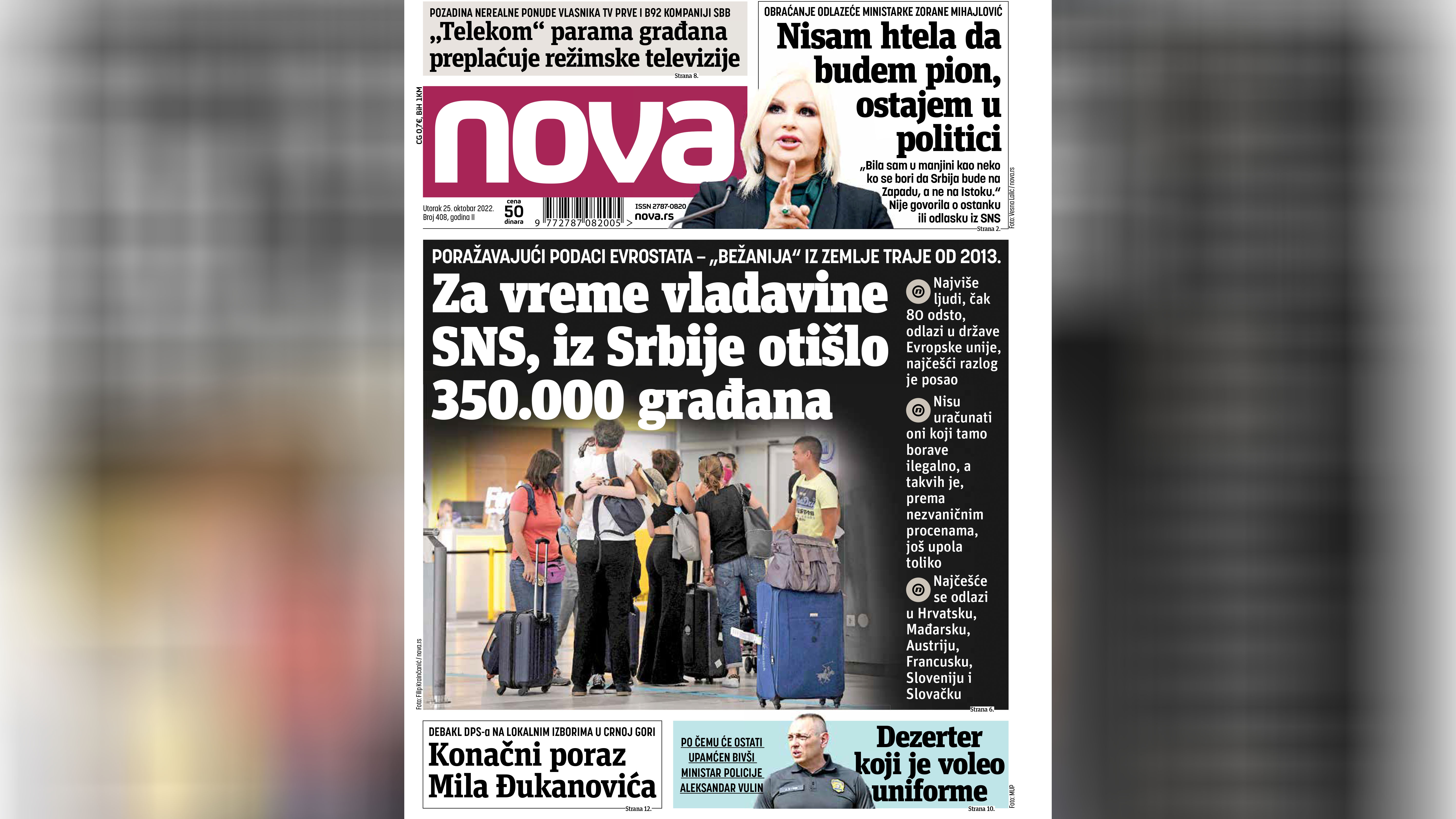 Nova, naslovna za utorak 25. oktobar 2022. broj 408, dnevne novine Nova, dnevni list Nova Foto: Nova.rs