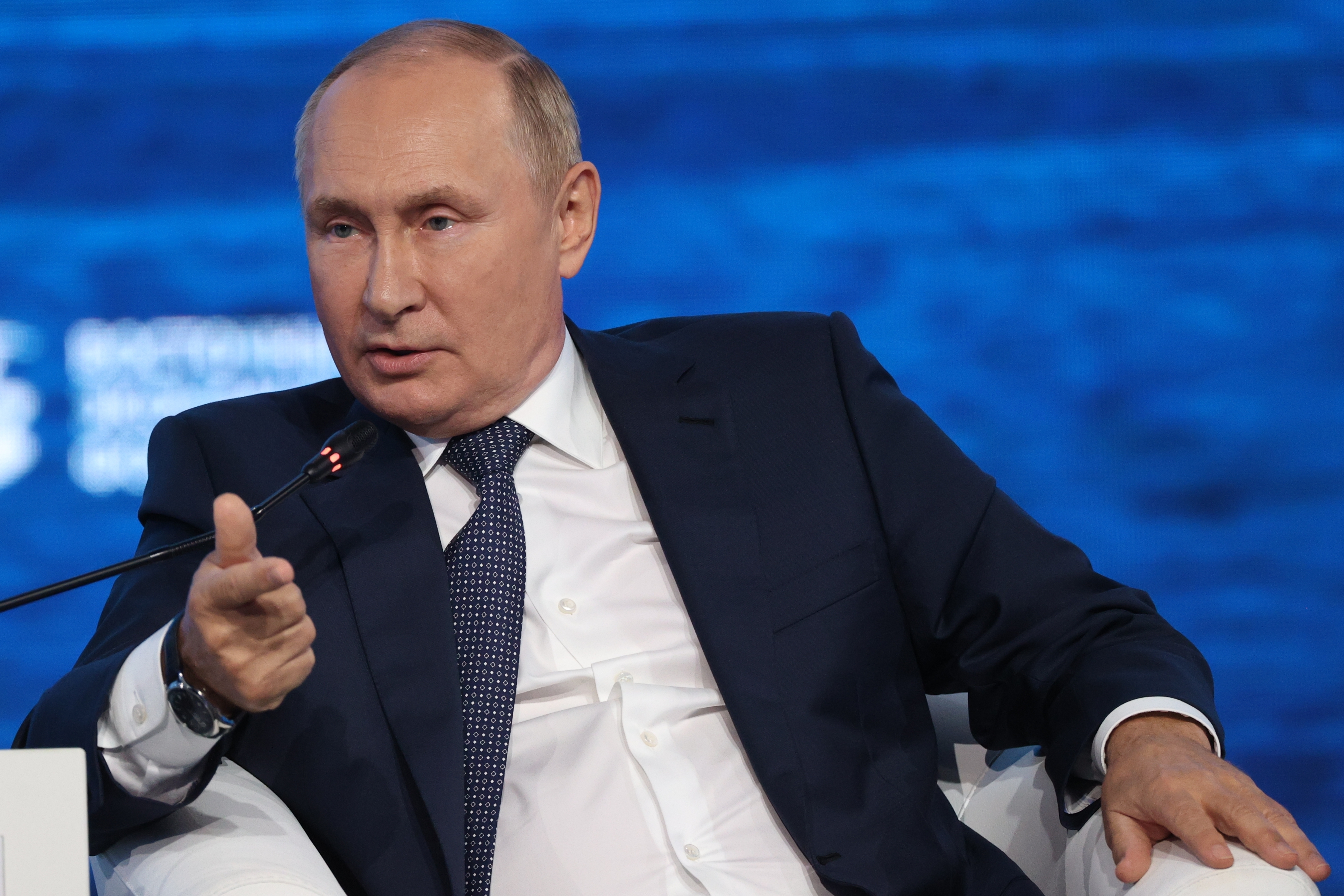 Russian President Vladimir Putin gestures as he speaks during a plenary session at the Eastern Economic Forum in Vladivostok, Russia, Wednesday, Sept. 7, 2022. (Sergei Bobylev, Sputnik, Kremlin Pool Photo via AP)