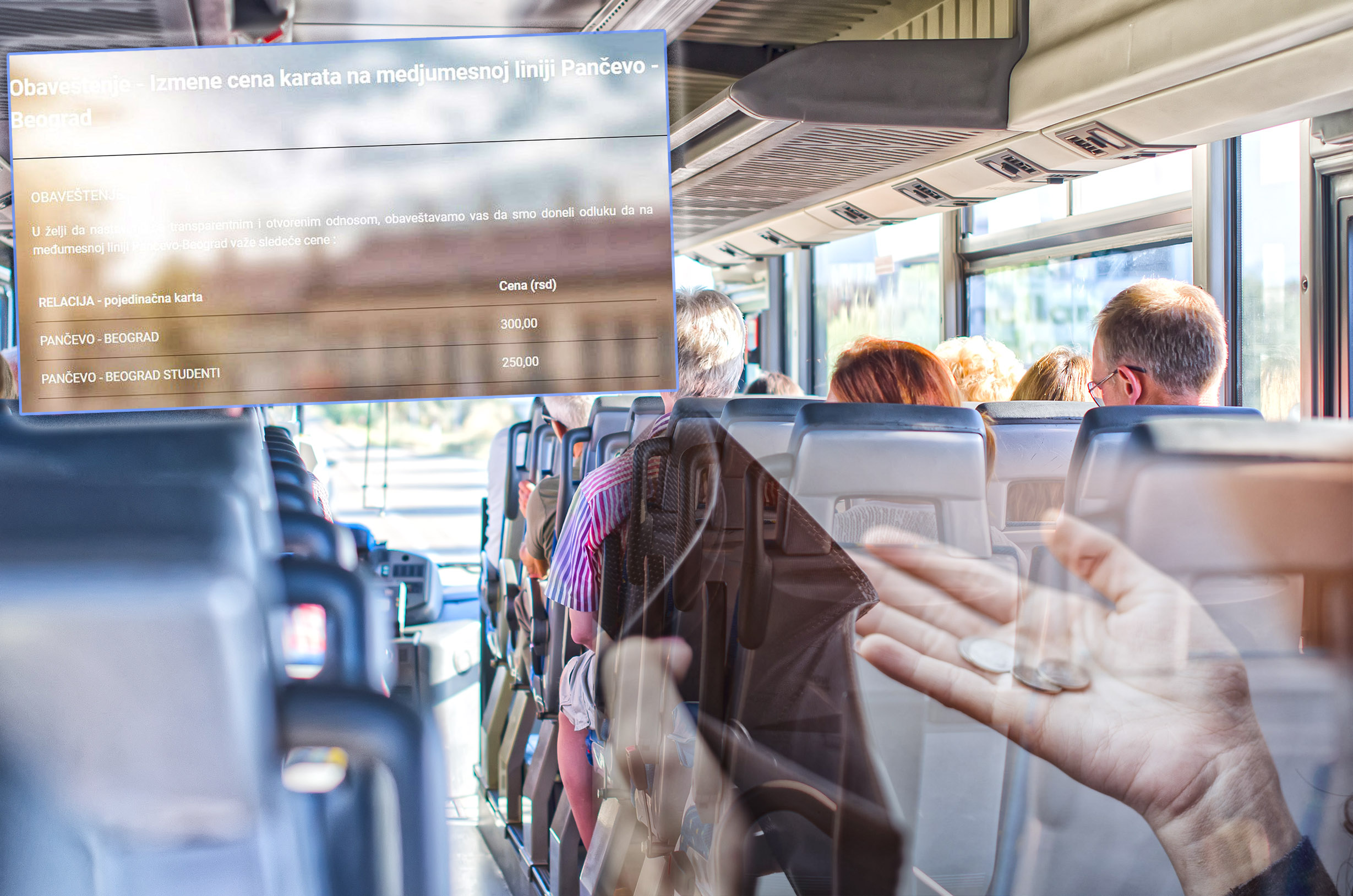 View from inside the bus with passengers.