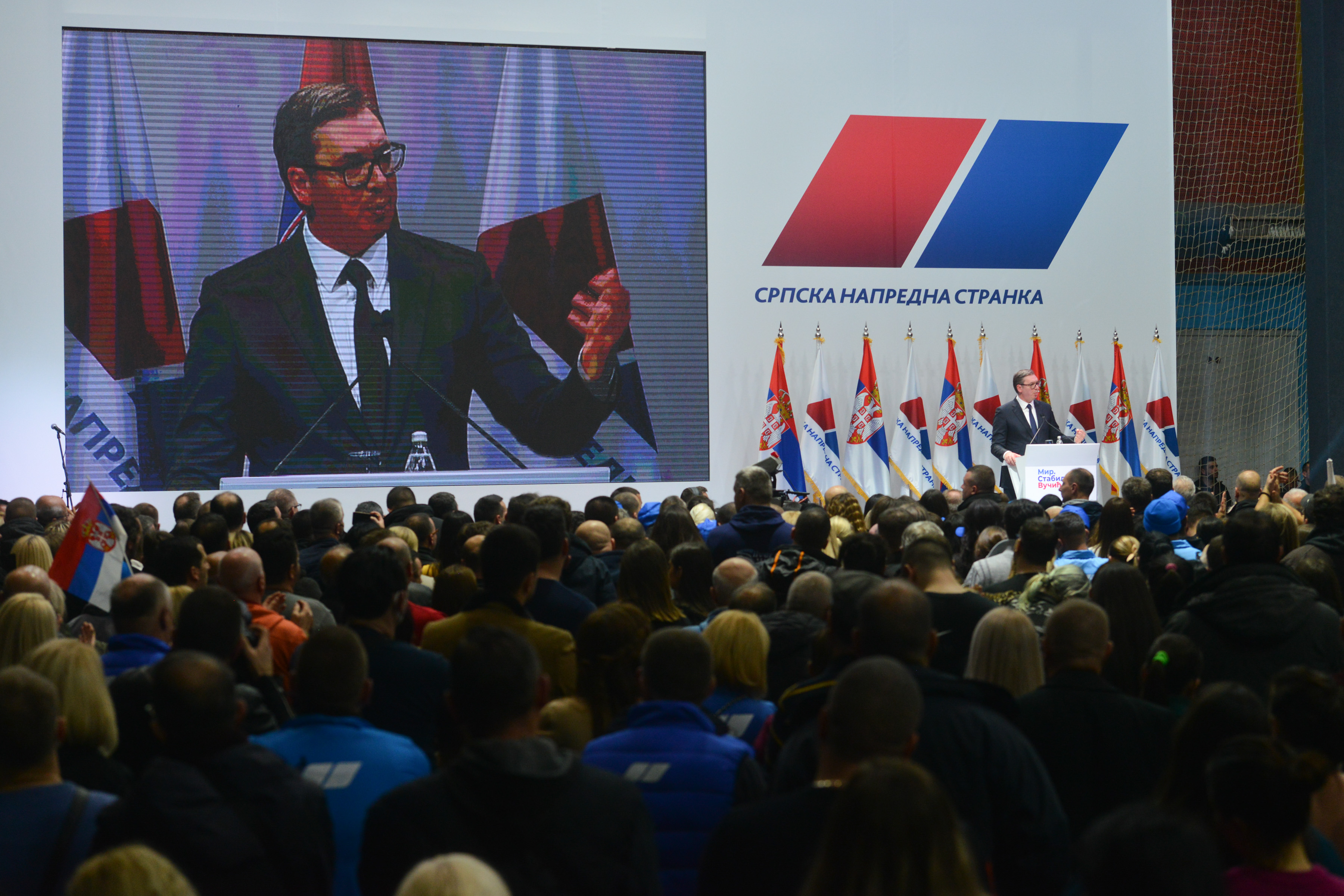 Leskovac, 7. marta 2022 - Srpska napredna stranka odrzala predizborni skup na kojem je govorio predsednik SNS Aleksandar Vucic. FOTO TANJUG/ STRAHINJA ACIMOVIC/bs