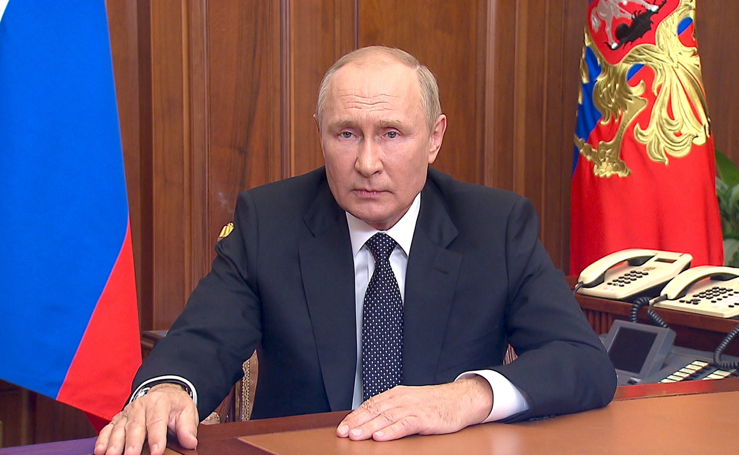 In this image released by the Russian Presidential Press Service, Russian President Vladimir Putin addresses the nation in Moscow, Russia, Wednesday, Sept. 21, 2022. (Russian Presidential Press Service via AP)