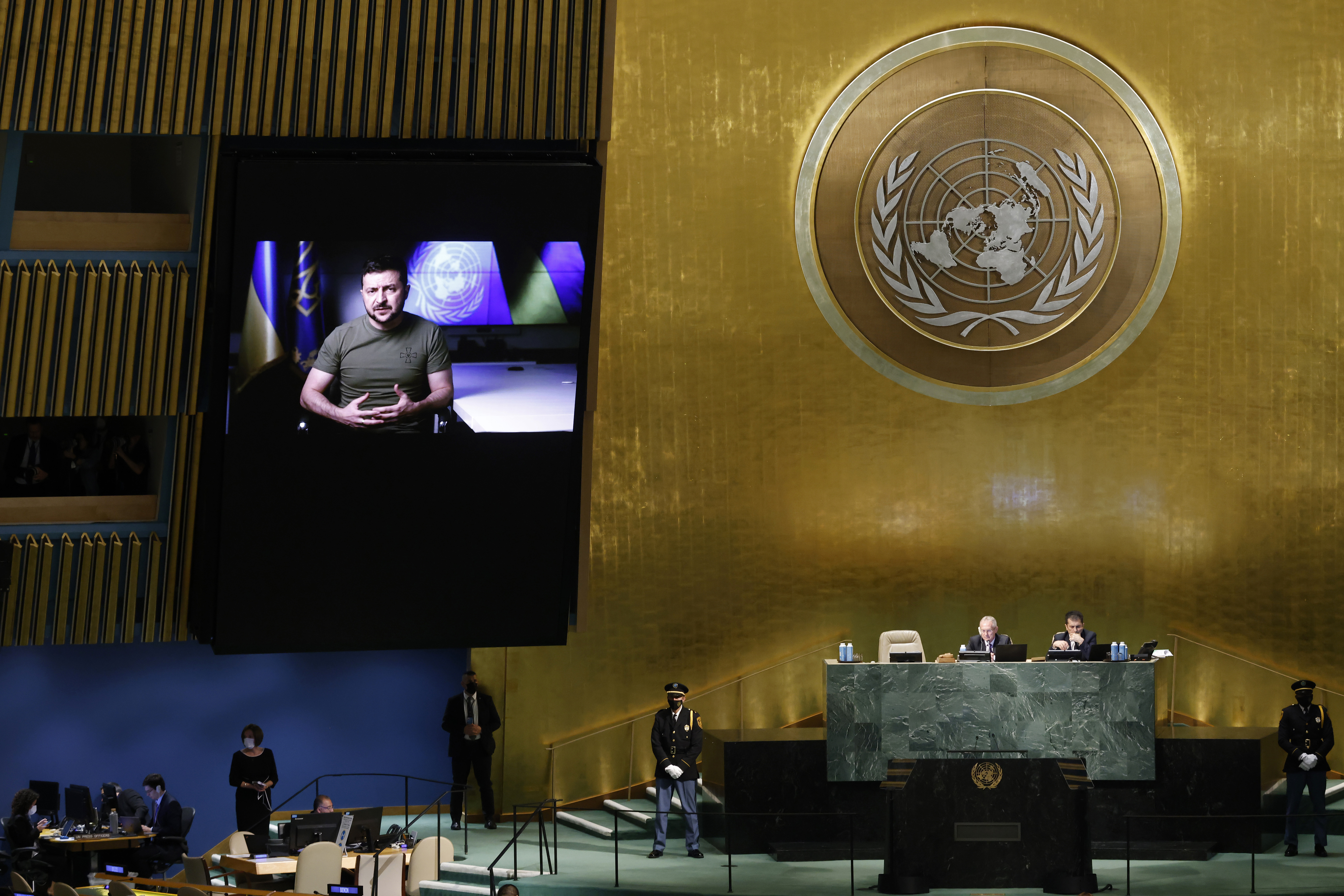 Ukrainian President Volodymyr Zelenskyy addresses the 77th session of the United Nations General Assembly, at U.N. headquarters, Wednesday, Sept. 21, 2022. (AP Photo/Jason DeCrow)
