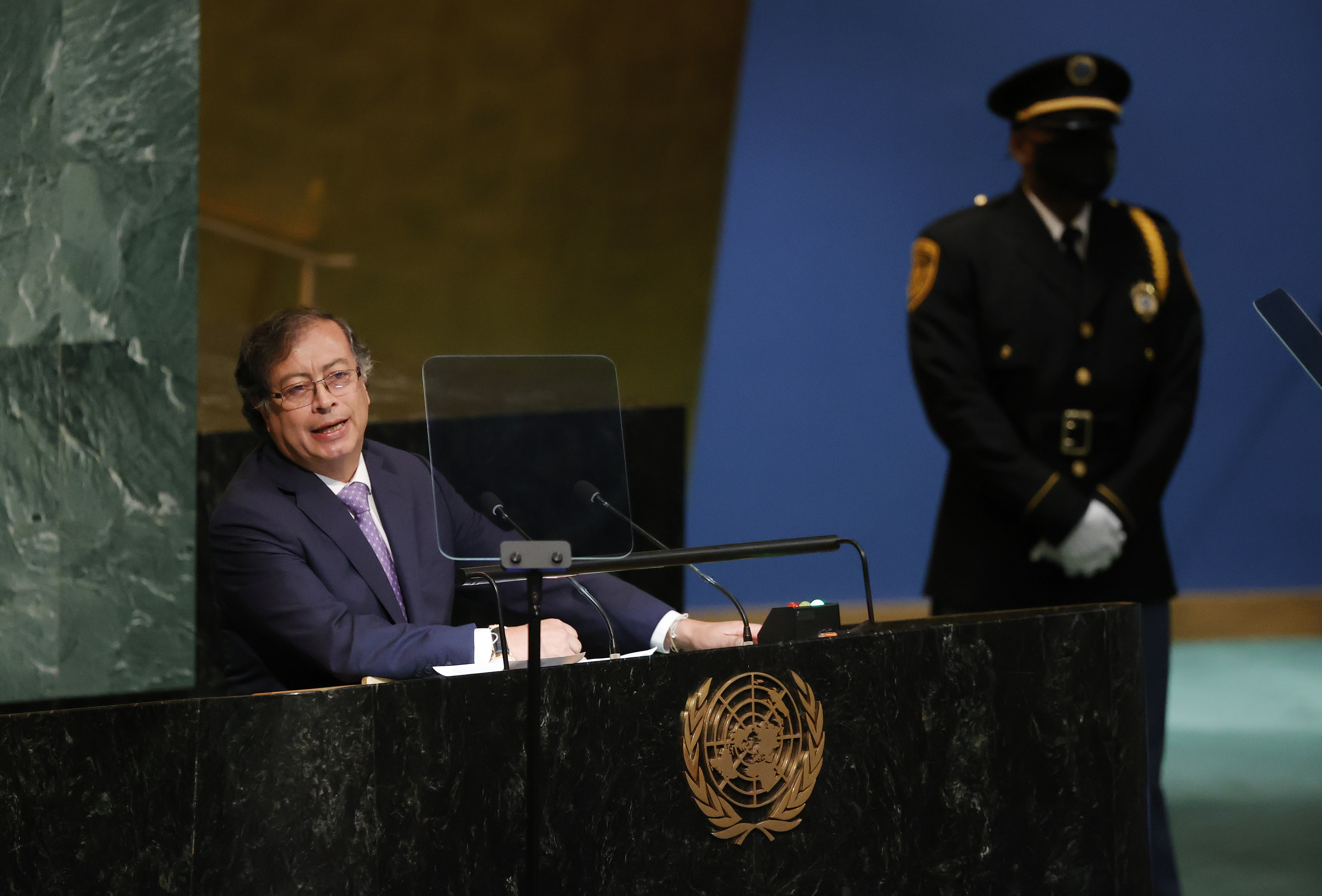 epa10195367 Colombian President Gustavo Petro Urrego delivers his address during the 77th General Debate inside the General Assembly Hall at United Nations Headquarters in New York, New York, USA, 20 September 2022.  EPA-EFE/JASON SZENES