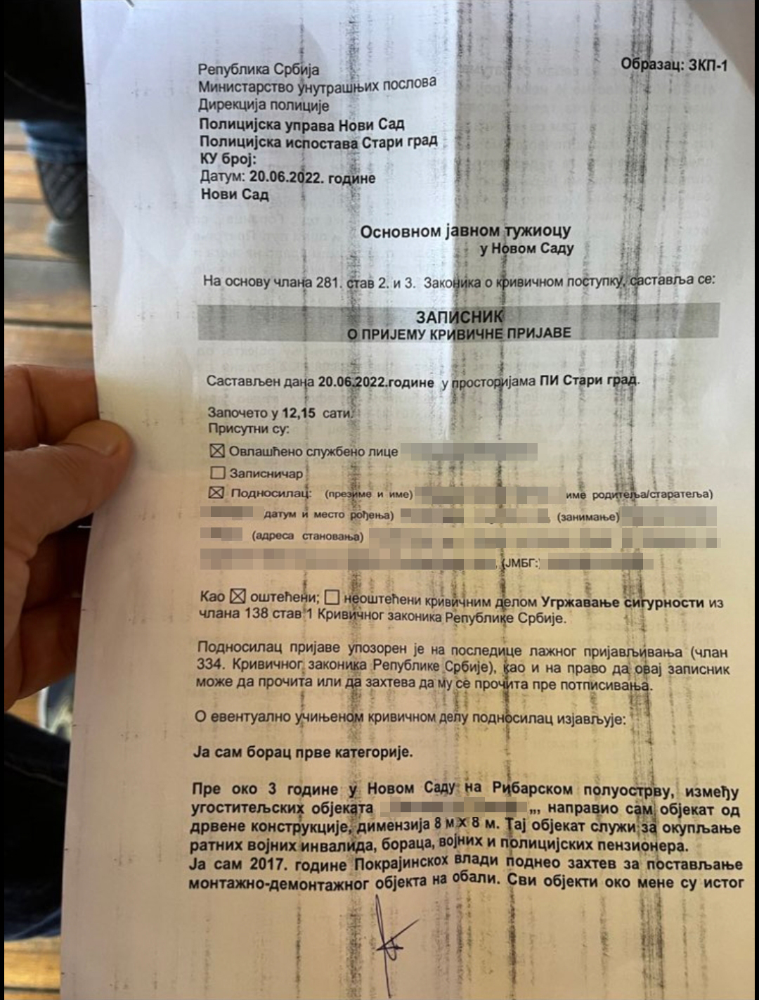 Novi Sad, brvnara, krivčna prijava Foto: Privatna arhiva