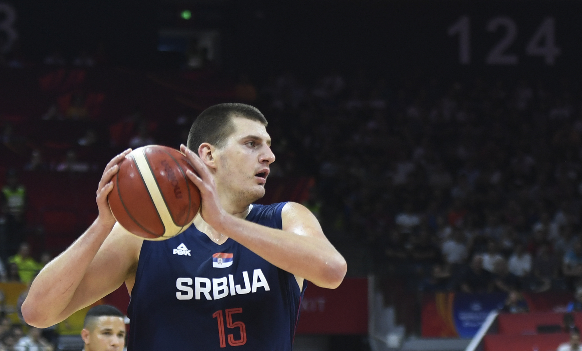 (190904) -- FOSHAN, Sept. 4, 2019 (Xinhua) -- Nikola Jokic of Serbia controls the ball during the group D match between Italy and Serbia at the 2019 FIBA World Cup in Foshan, south China's Guangdong Province, Sept. 4, 2019. (Xinhua/Huang Zongzhi)
