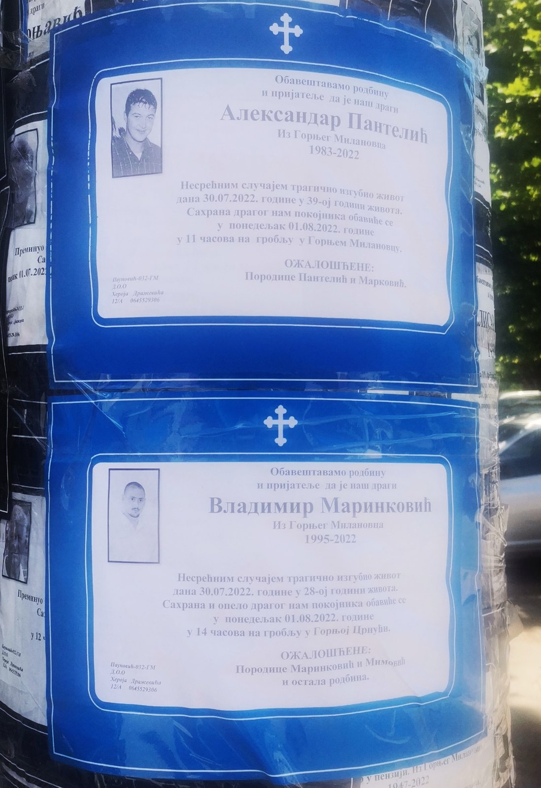 Osmrtnica, osmrtnice Aleksandar Pantelić i Vladimir Marinković nastradali u saobracajnoj nesreci u selu Rasna dan zalosti lindanski dani