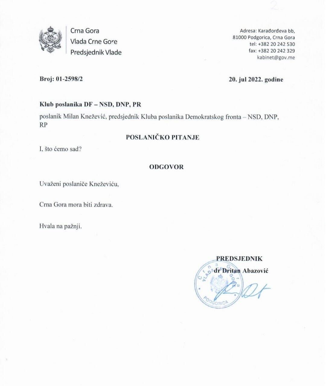 Dritan Abazović Milan Knežević Crna Gora premijerski sat Konstrakta