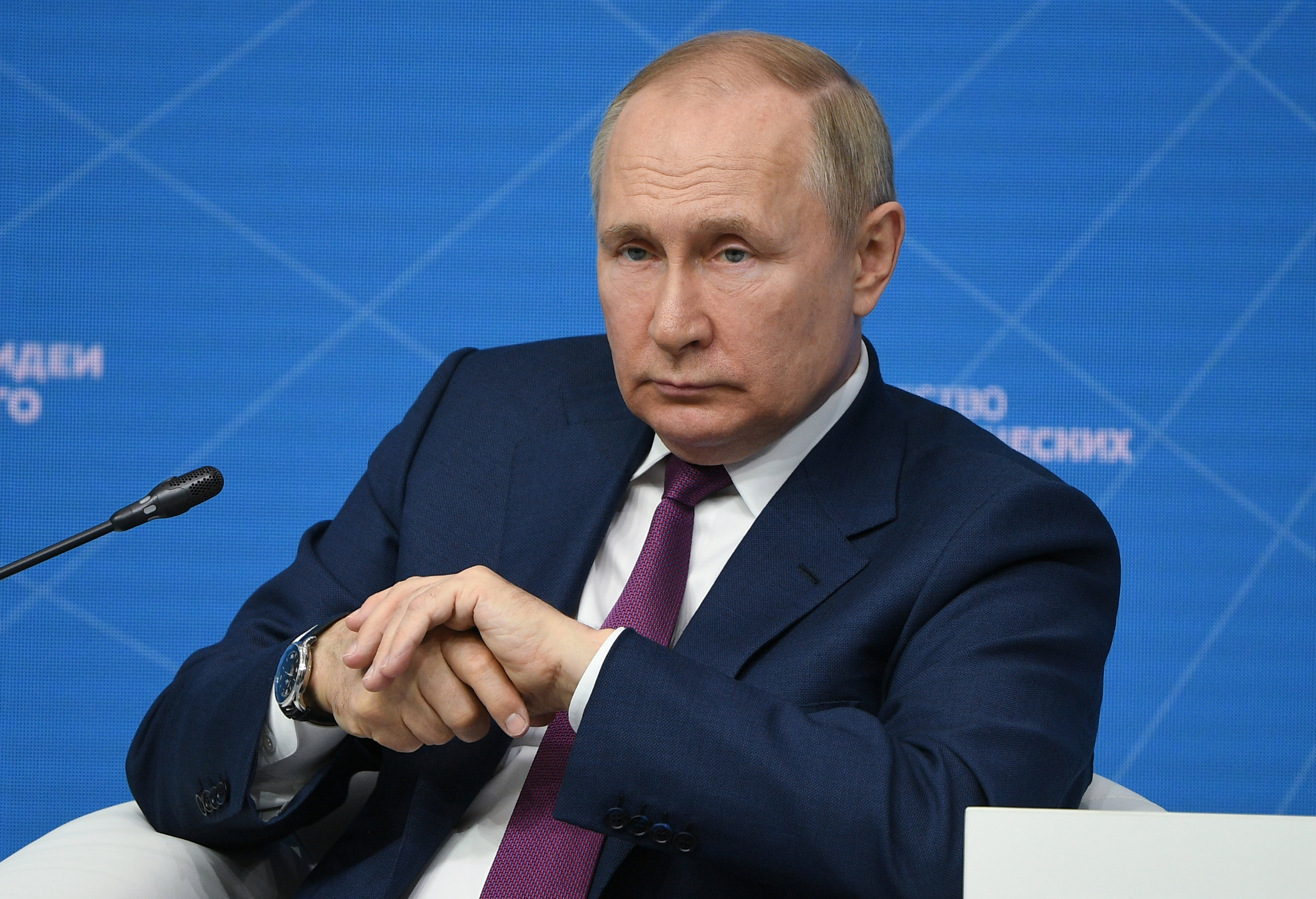 Russian President Putin attends the Strong Ideas for a New Time forum, in Moscow
