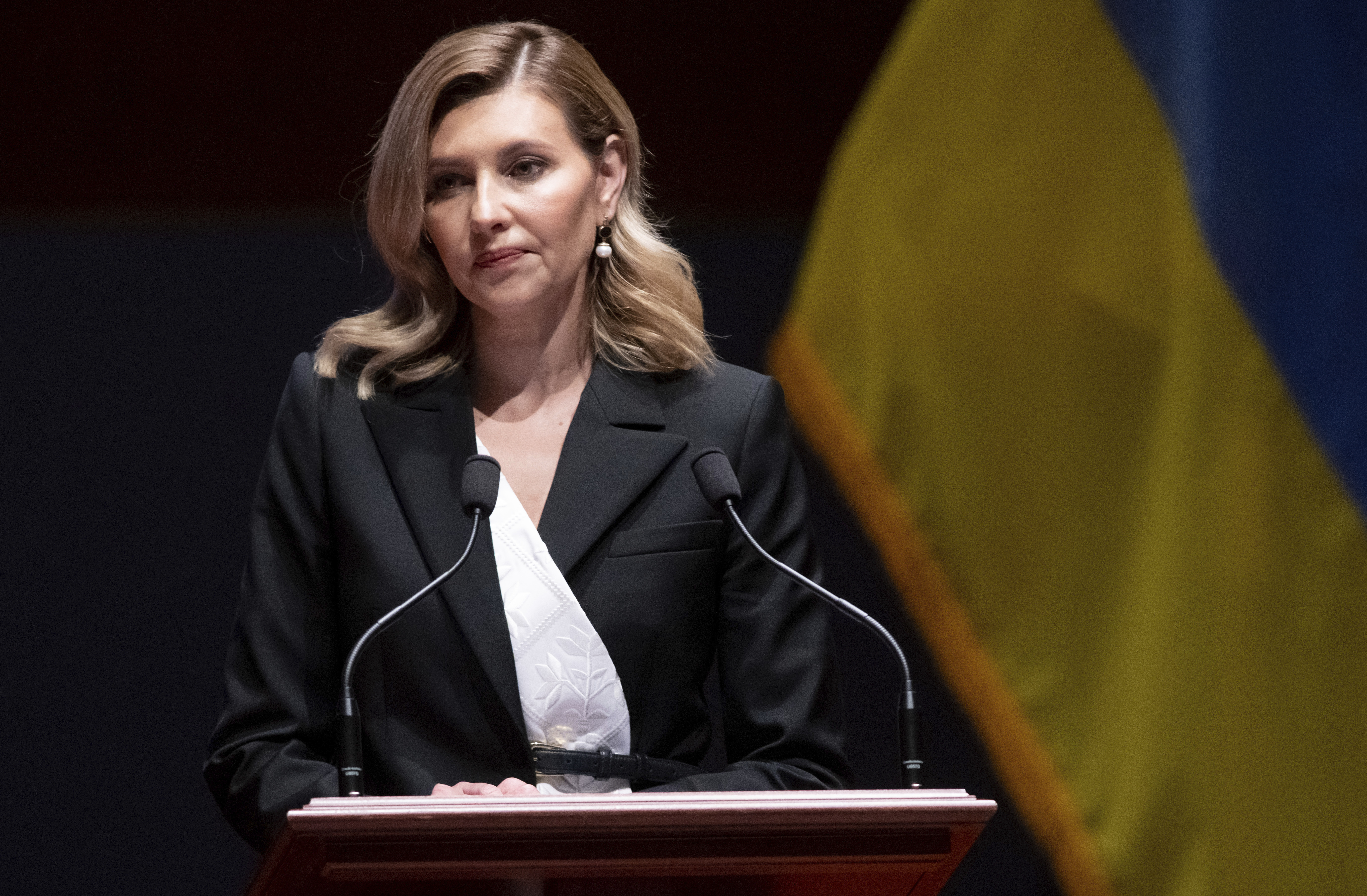 Olena Zelenska, the first lady of Ukraine, addresses members of Congress on Capitol Hill in Washington, Wednesday, July 20, 2022. (Saul Loeb/Pool Photo via AP)
