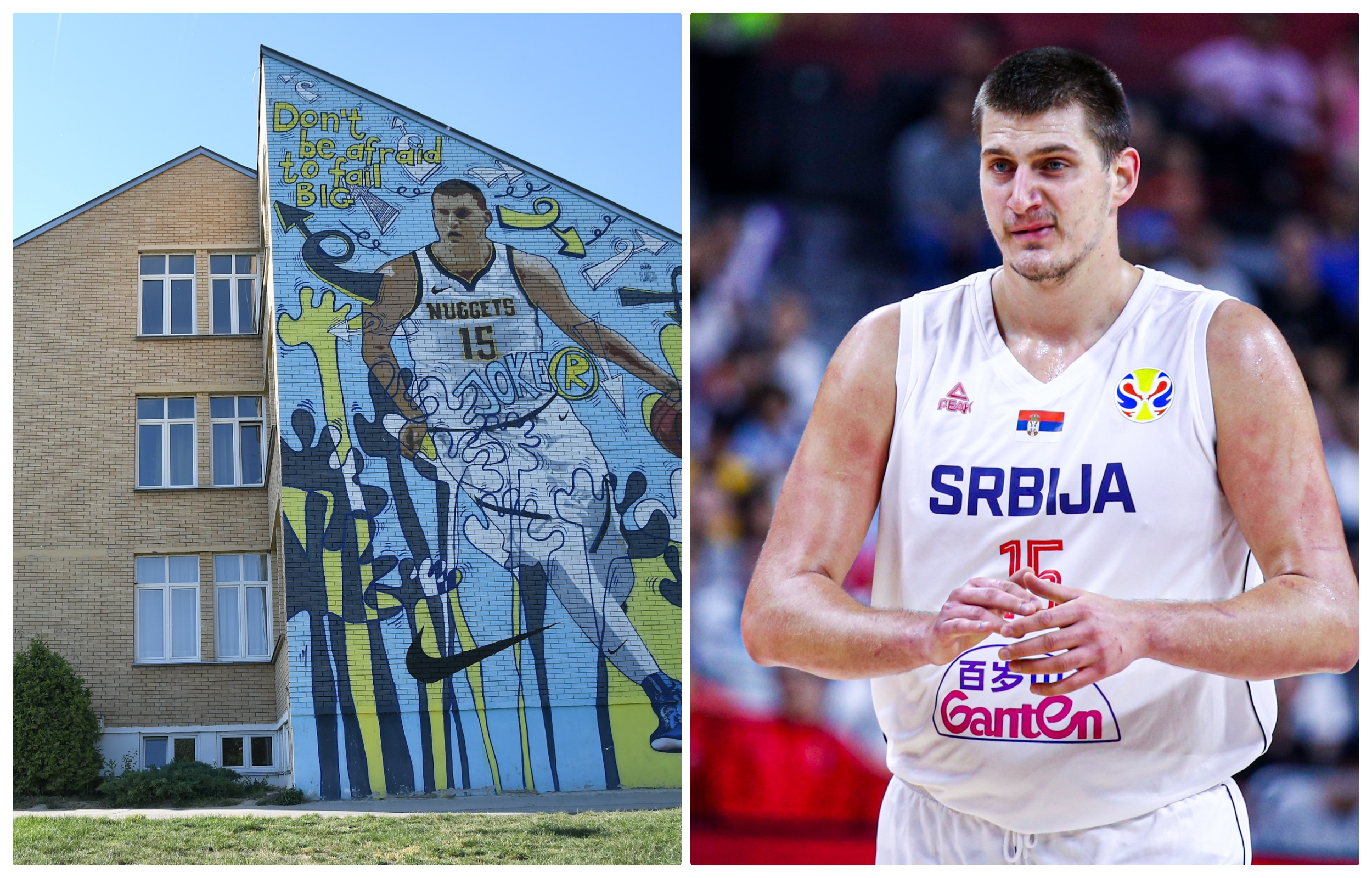 collage nikola jokic i skola sa muralom