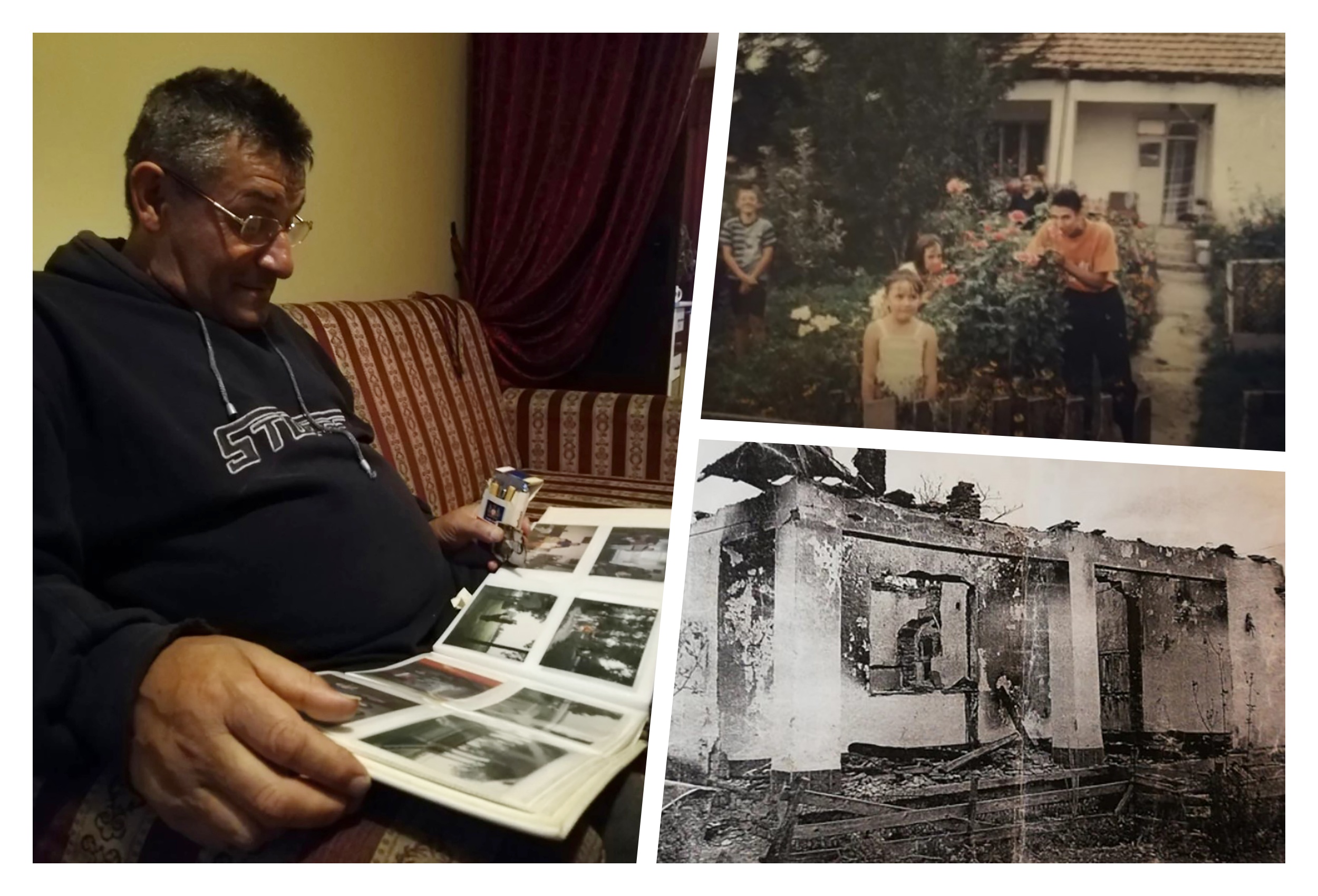 Na fotkama je Jovica, ima slika njegove kuće koja je spaljena na KiM, kao i slika porodice dok su živeli tamo pre nego što su ih proterali.