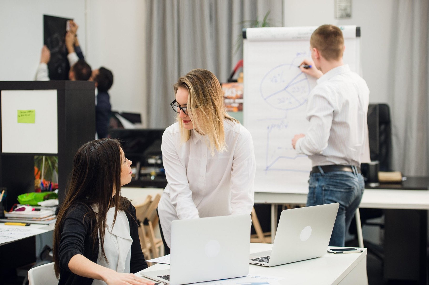 Two beautiful office workers having conversation while man colleague drawing business strategy on flip chart,Image: 309054746, License: Royalty-free, Restrictions: , Model Release: yes, Credit line: Roman Kosolapov / Alamy / Alamy / Profimedia
