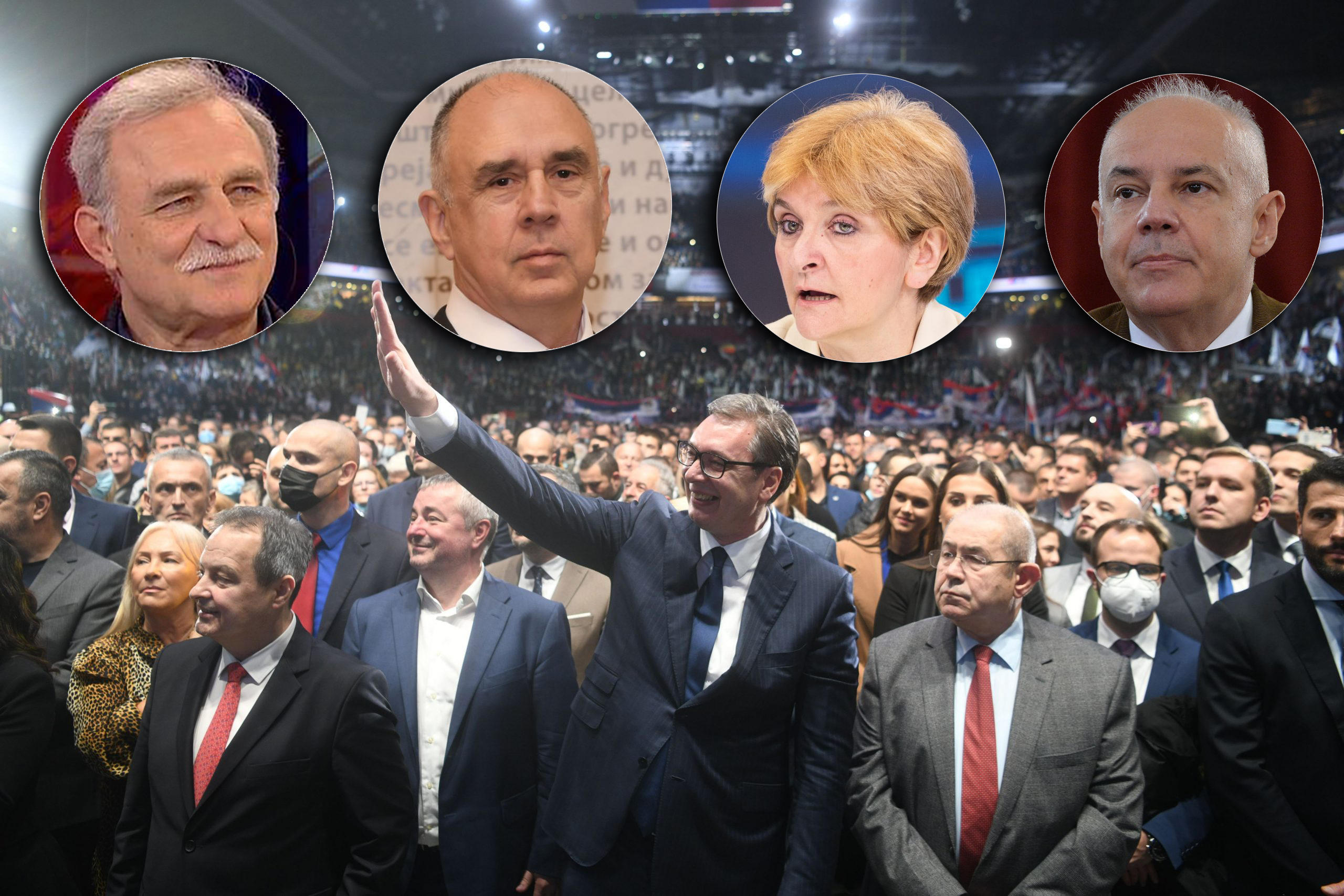 kombo Vučića sa nekog skupa SNS i fotke Dane Grujičić, Laze Ristovskog, Buleta Goncića, Zorana Radojičića