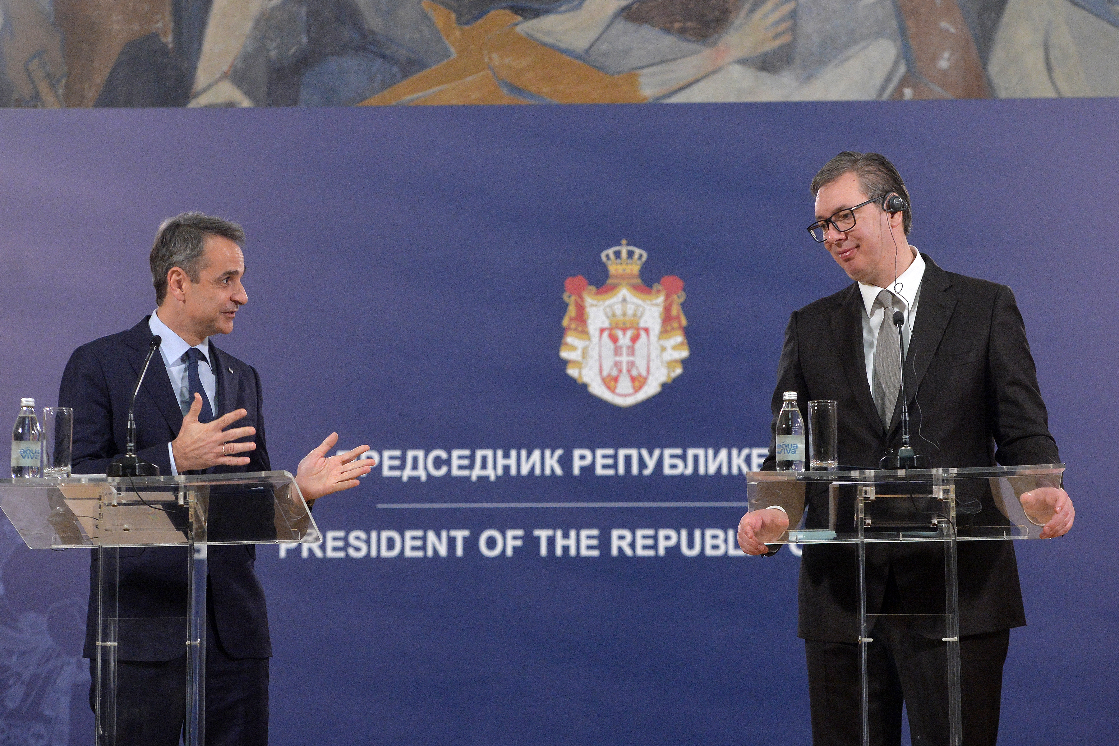 Beograd, 16. februara 2022 - Predsednik Republike Srbije Aleksandar Vucic sastao se sa predsednikom Vlade Republike Grcke Kirijakosom Micotakisom koji boravi u radnoj poseti Republici Srbiji. Izjave nakon sastanka. FOTO TANJUG/ ZORAN ZESTIC/ bs